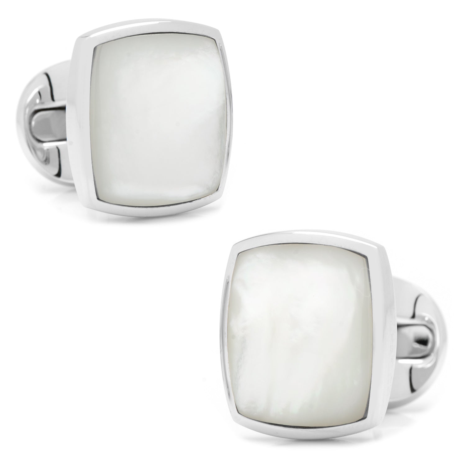 Sterling Silver Classic Cushion Mother of Pearl Cufflinks by Cufflinks.com, featuring white mother-of-pearl inlays and silver borders, displayed on a white background.
