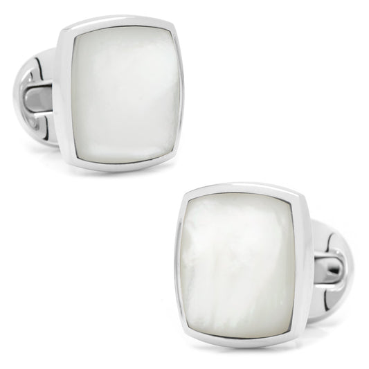 Sterling Silver Classic Cushion Mother of Pearl Cufflinks by Cufflinks.com, featuring white mother-of-pearl inlays and silver borders, displayed on a white background.