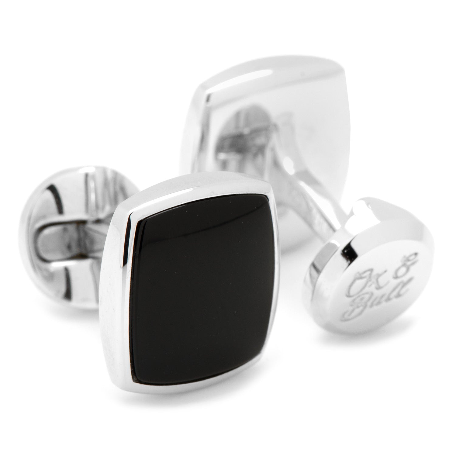 The Sterling Silver Classic Cushion Onyx Cufflinks by Cufflinks.com feature large square black faces and a polished sterling silver setting, displayed on a white background.