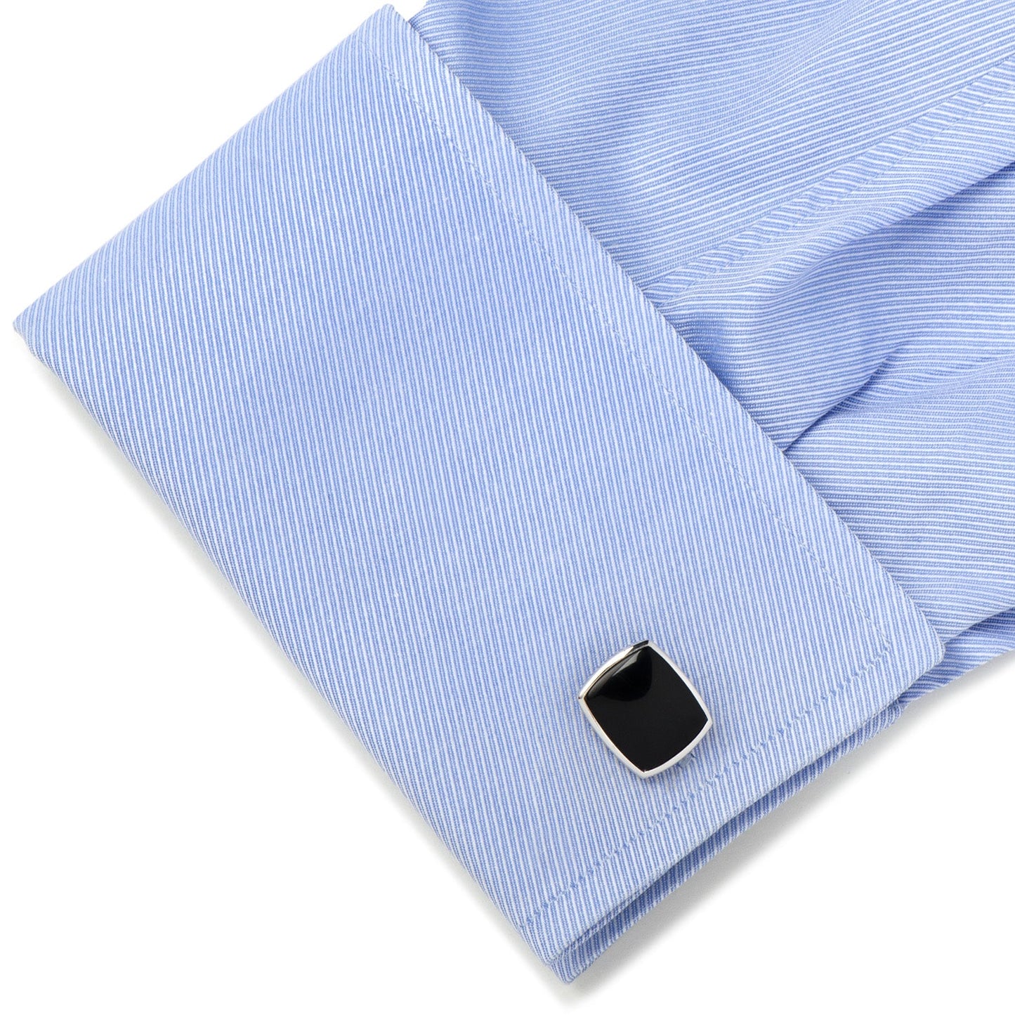 The Sterling Silver Classic Cushion Onyx Cufflinks by Cufflinks.com feature large square black faces and a polished sterling silver setting, displayed on a white background.