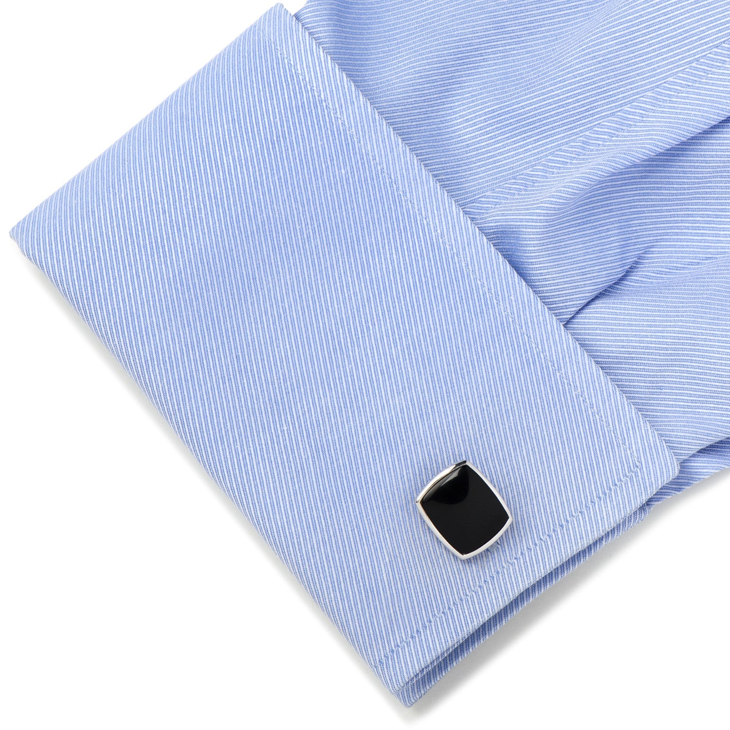 The Sterling Silver Classic Cushion Onyx Cufflinks by Cufflinks.com feature large square black faces and a polished sterling silver setting, displayed on a white background.