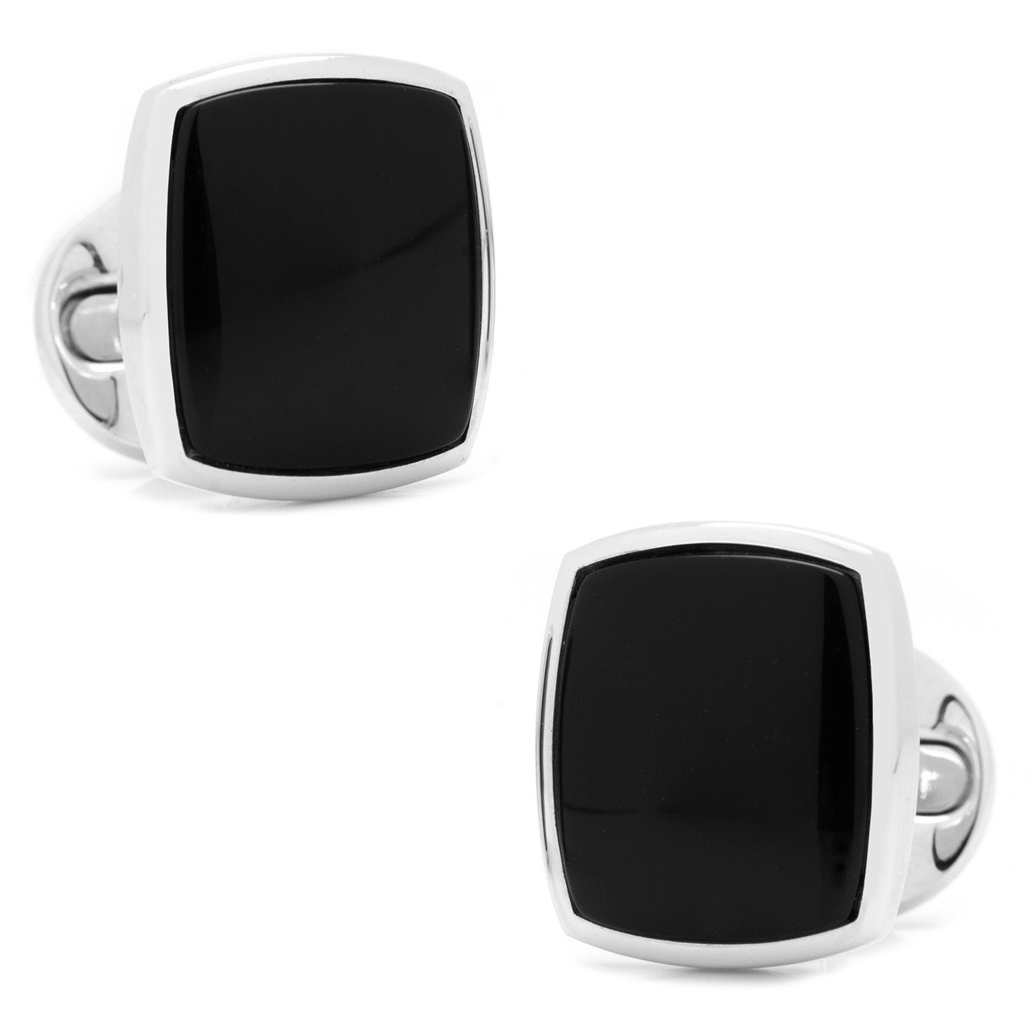 The Sterling Silver Classic Cushion Onyx Cufflinks by Cufflinks.com feature large square black faces and a polished sterling silver setting, displayed on a white background.