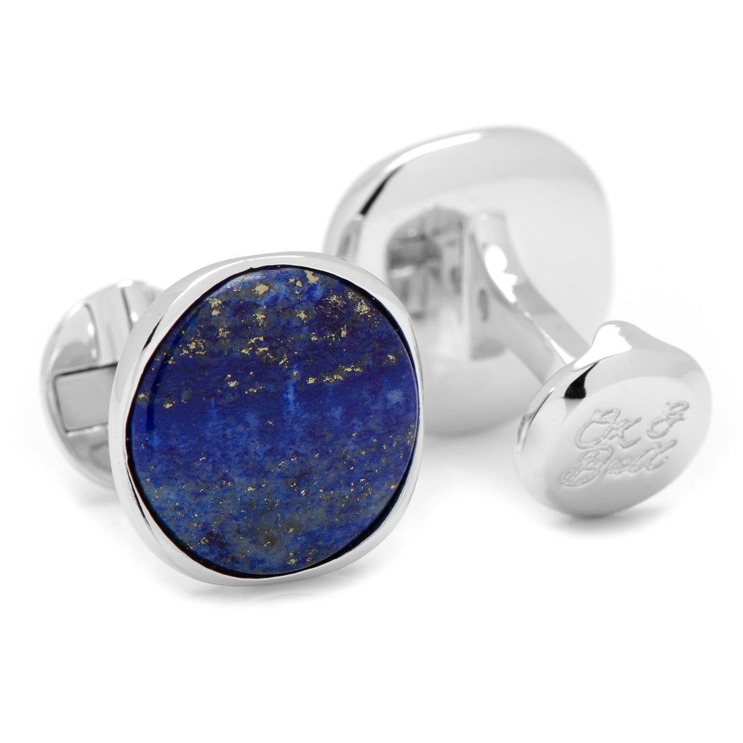 The Sterling Silver Classic Formal Lapis Cufflinks by Cufflinks.com feature polished blue lapis lazuli stones with gold flecks, set in shining sterling silver frames for an elegant, formal look.