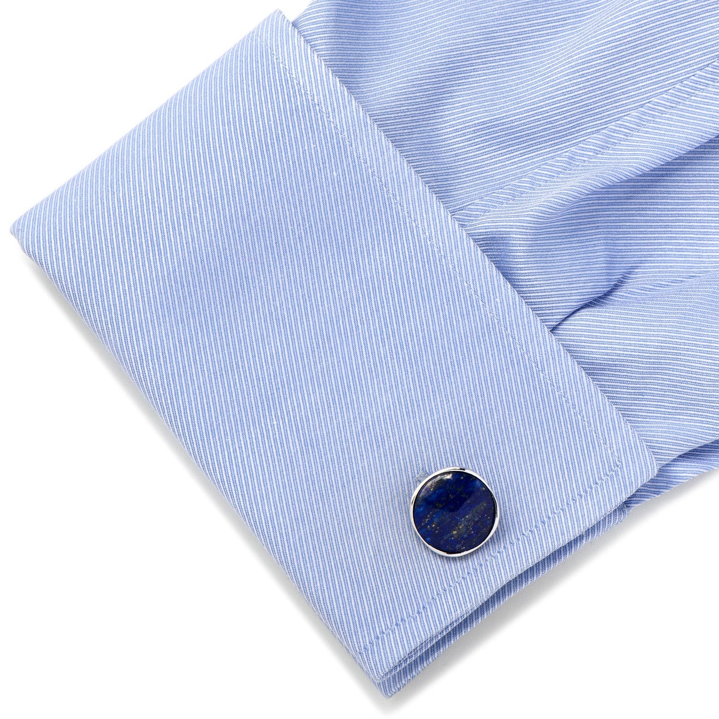 The Sterling Silver Classic Formal Lapis Cufflinks by Cufflinks.com feature polished blue lapis lazuli stones with gold flecks, set in shining sterling silver frames for an elegant, formal look.