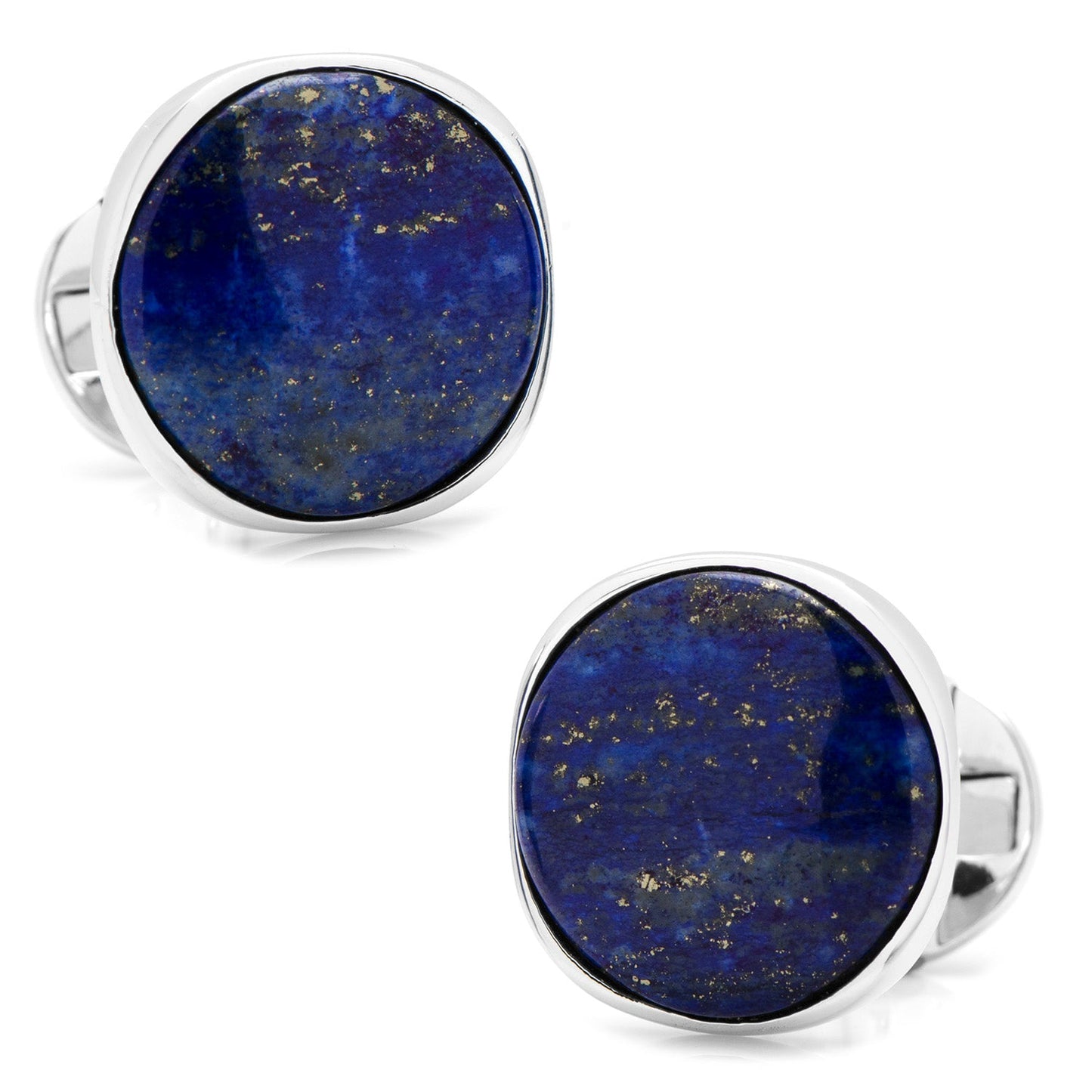 The Sterling Silver Classic Formal Lapis Cufflinks by Cufflinks.com feature polished blue lapis lazuli stones with gold flecks, set in shining sterling silver frames for an elegant, formal look.