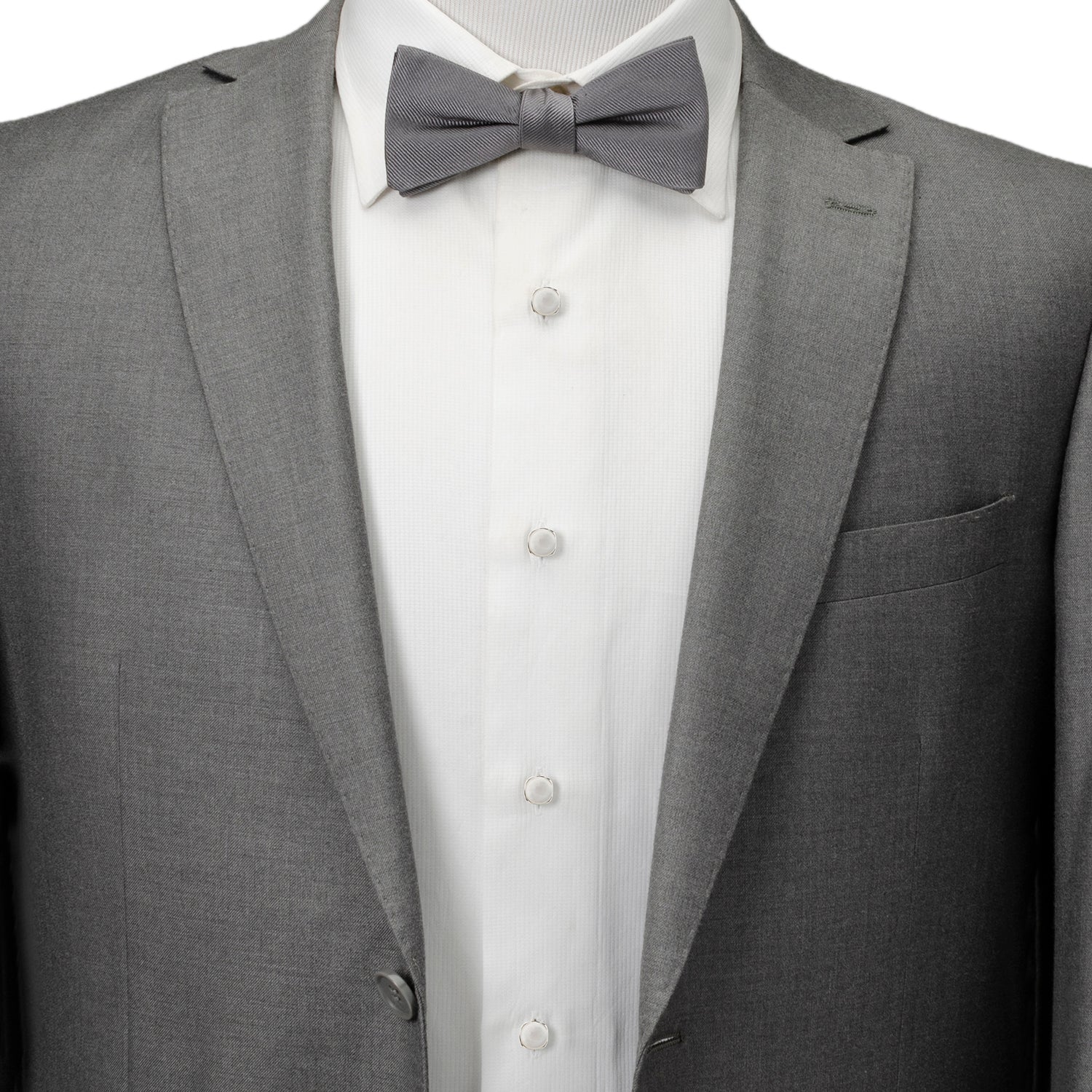 The Sterling Silver Classic Formal Mother of Pearl 5-Stud Set by Cufflinks.com features elegant silver cufflinks and shirt studs with round white mother-of-pearl inlays—perfect for sophisticated formal occasions.