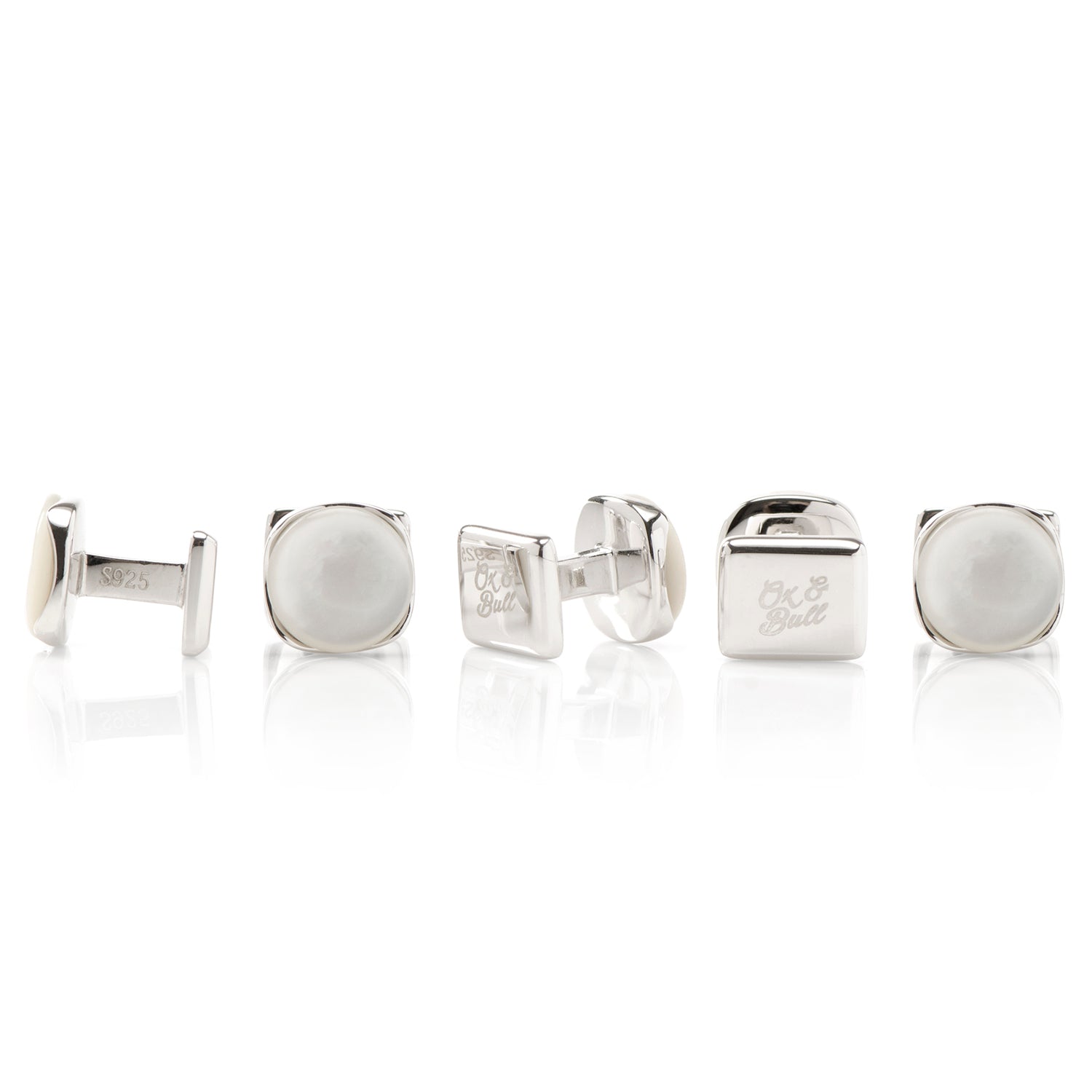 The Sterling Silver Classic Formal Mother of Pearl 5-Stud Set by Cufflinks.com is beautifully displayed on a plain white background, each stud highlighting the timeless elegance of mother-of-pearl.