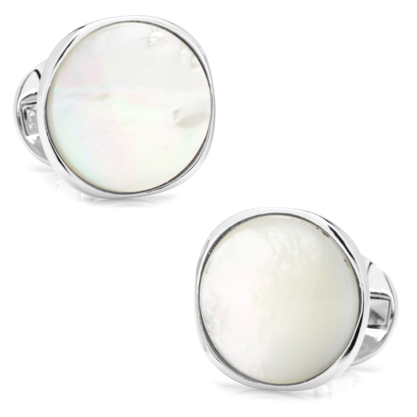 The Sterling Silver Classic Formal Mother of Pearl 5-Stud Set by Cufflinks.com features elegant silver cufflinks and shirt studs with round white mother-of-pearl inlays—perfect for sophisticated formal occasions.