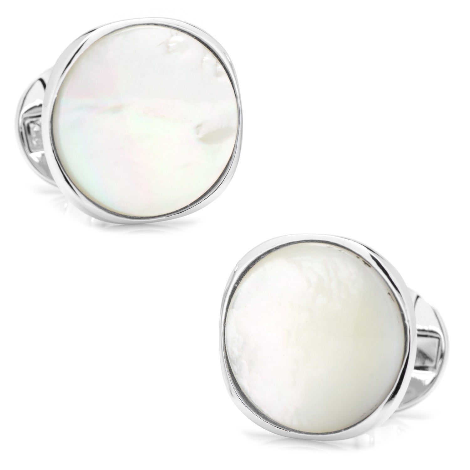 The Sterling Silver Classic Formal Mother of Pearl 5-Stud Set by Cufflinks.com features elegant silver cufflinks and shirt studs with round white mother-of-pearl inlays—perfect for sophisticated formal occasions.