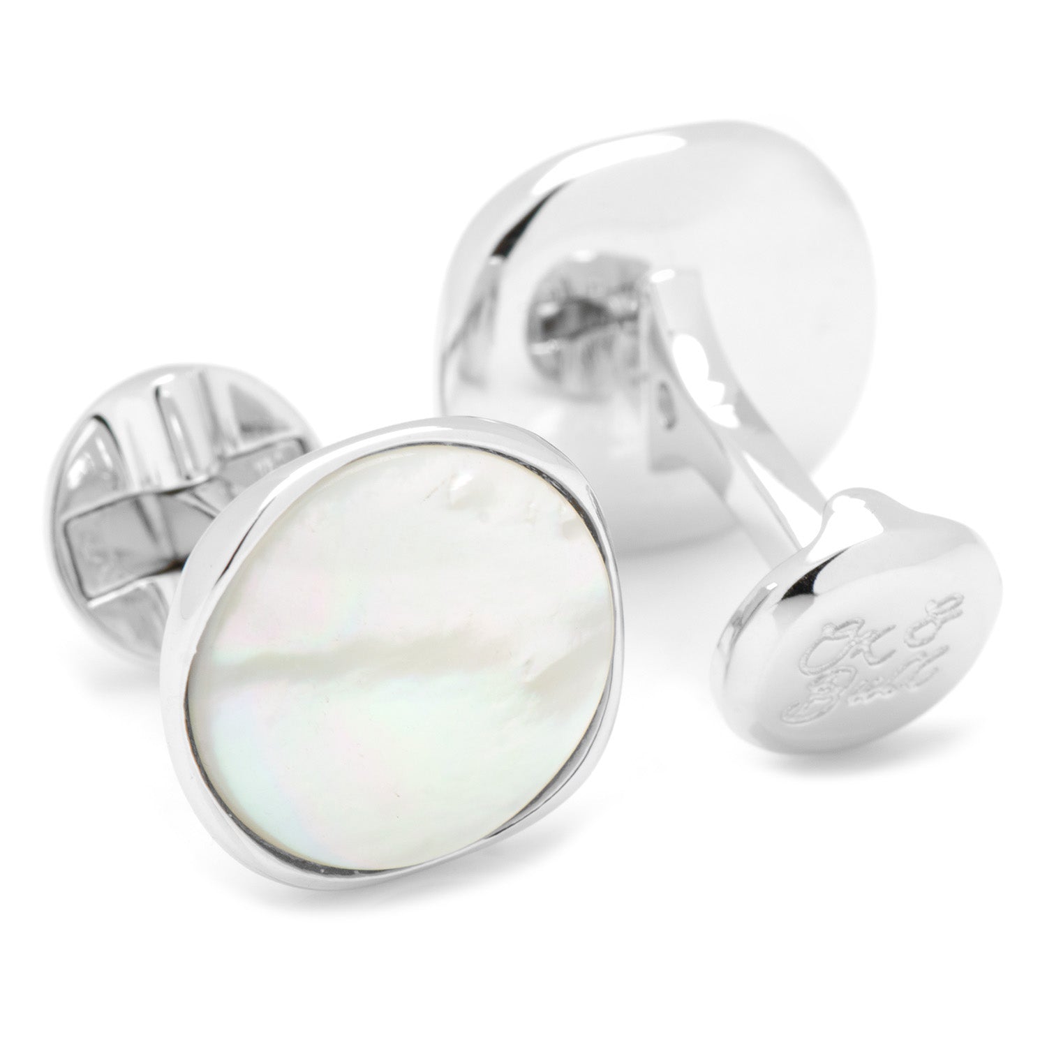 The Sterling Silver Classic Formal Mother of Pearl 5-Stud Set by Cufflinks.com features elegant silver cufflinks and shirt studs with round white mother-of-pearl inlays—perfect for sophisticated formal occasions.
