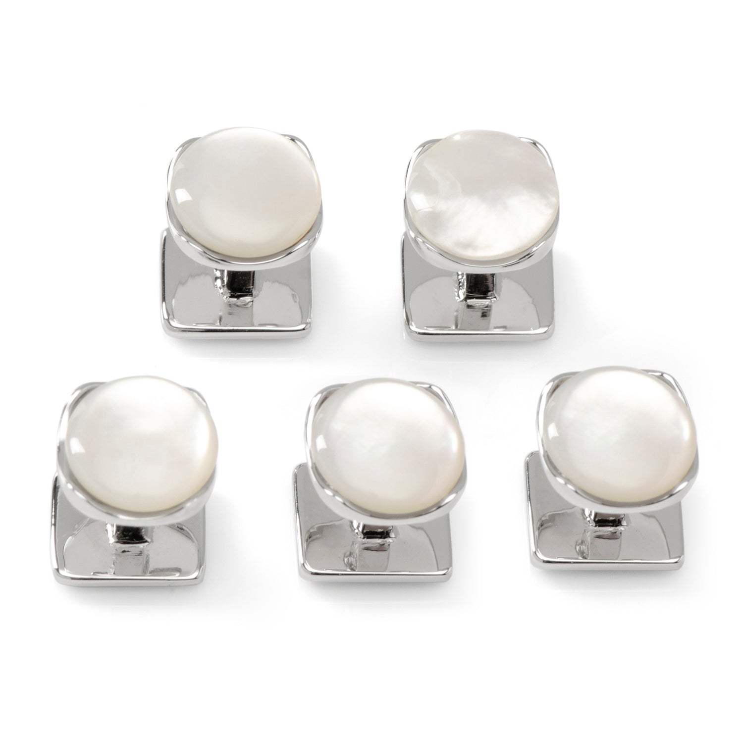 The Sterling Silver Classic Formal Mother of Pearl 5-Stud Set by Cufflinks.com is beautifully displayed on a plain white background, each stud highlighting the timeless elegance of mother-of-pearl.