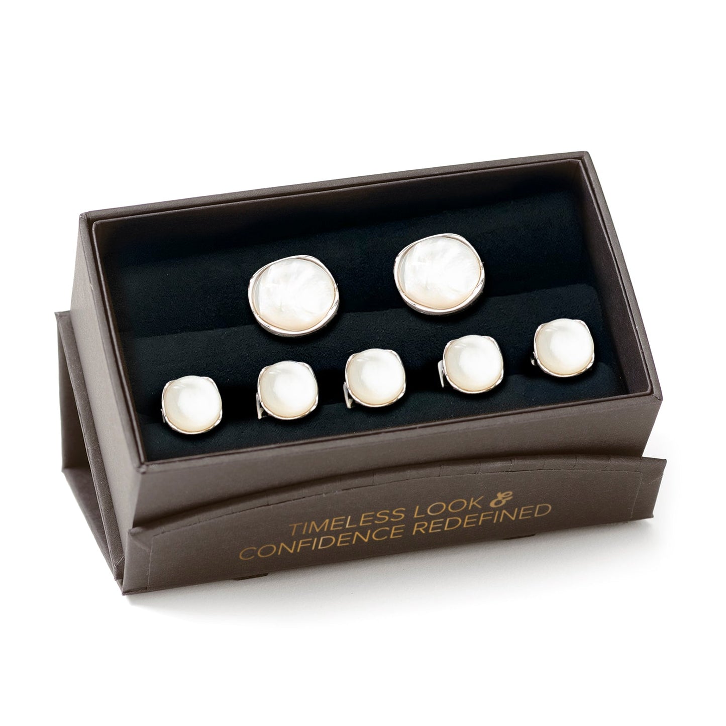 The Sterling Silver Classic Formal Mother of Pearl 5-Stud Set by Cufflinks.com features elegant silver cufflinks and shirt studs with round white mother-of-pearl inlays—perfect for sophisticated formal occasions.
