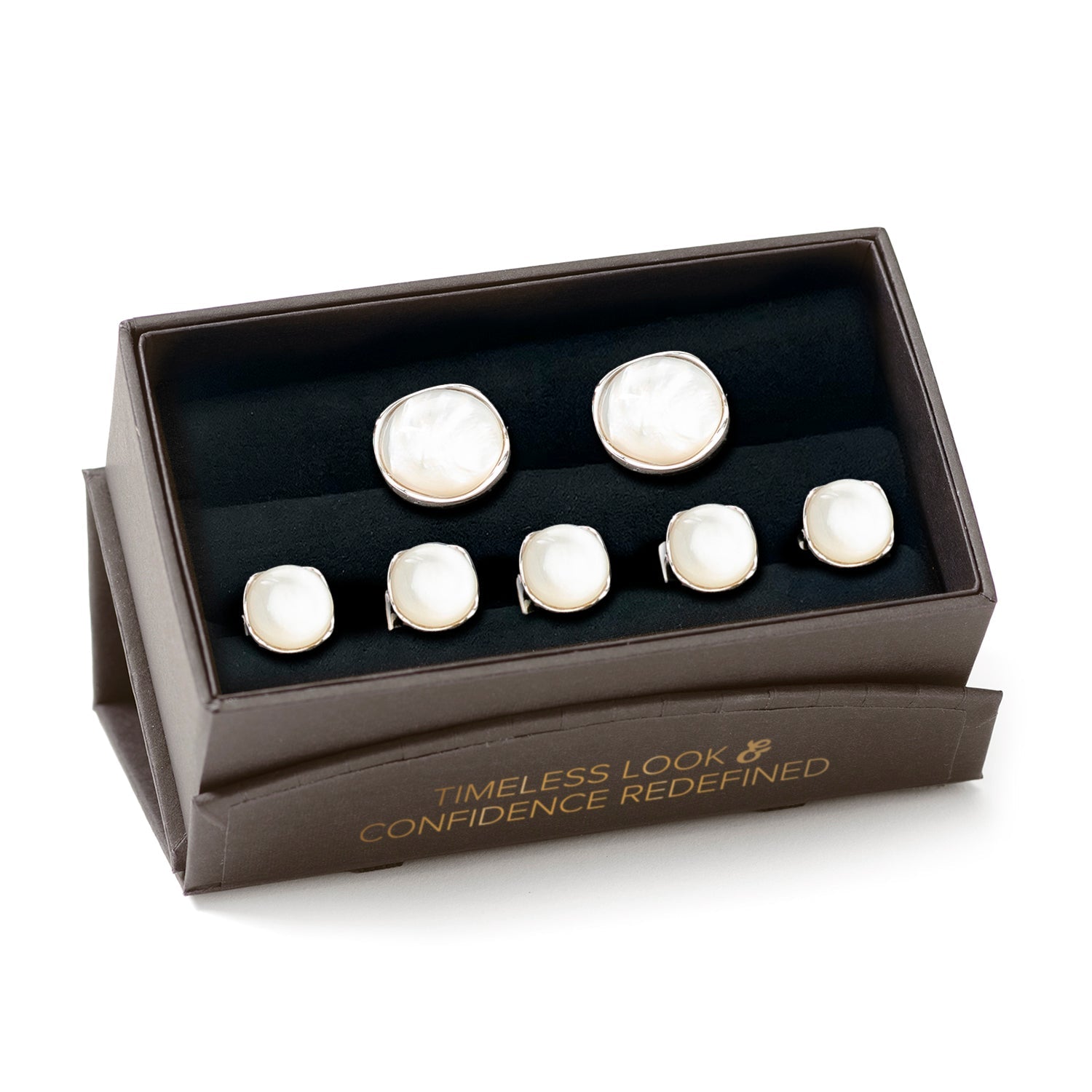 The Sterling Silver Classic Formal Mother of Pearl 5-Stud Set by Cufflinks.com features elegant silver cufflinks and shirt studs with round white mother-of-pearl inlays—perfect for sophisticated formal occasions.