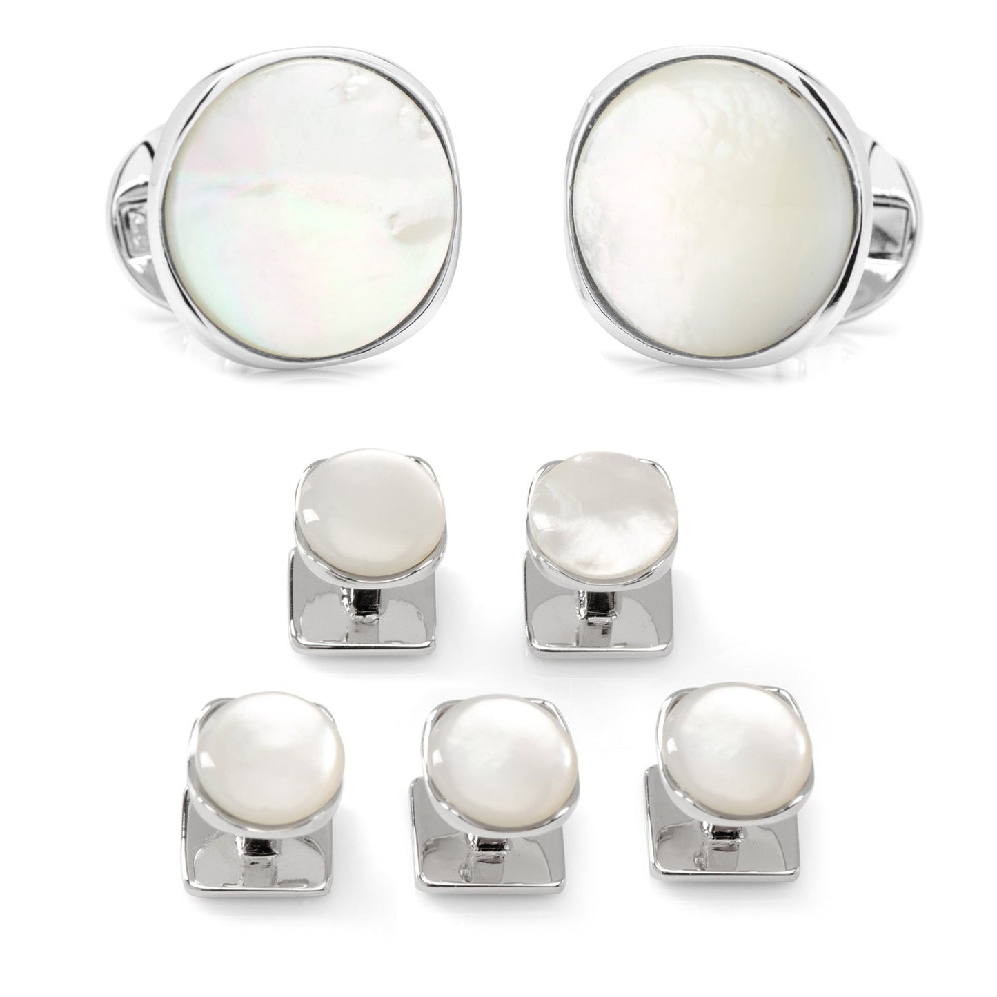 The Sterling Silver Classic Formal Mother of Pearl 5-Stud Set by Cufflinks.com is beautifully displayed on a plain white background, each stud highlighting the timeless elegance of mother-of-pearl.