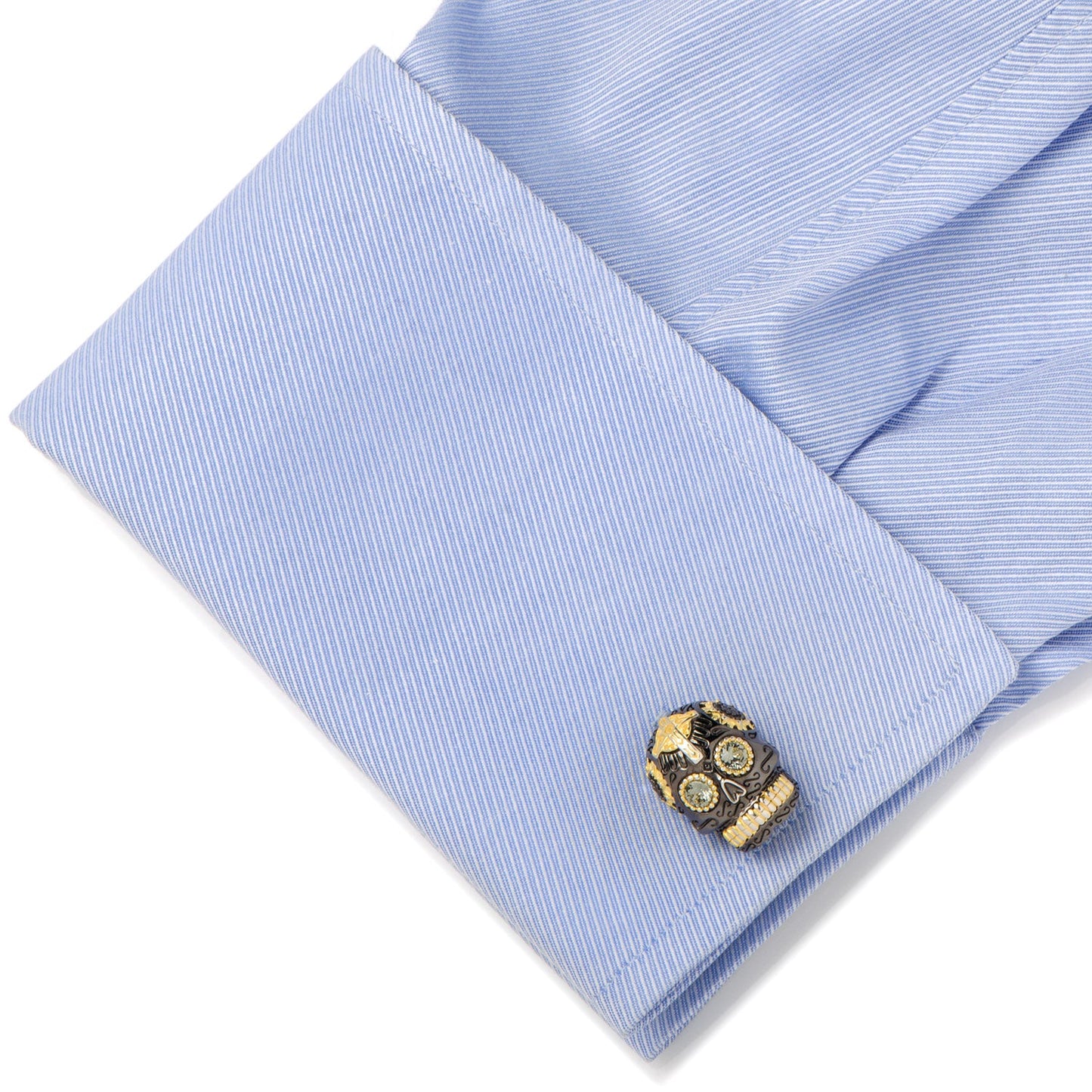 Black and Gold Vermeil Day of the Dead Skull Cufflinks by Cufflinks.com feature jeweled eyes, silver teeth, and bold gold accents—perfect for adding standout style to any outfit.