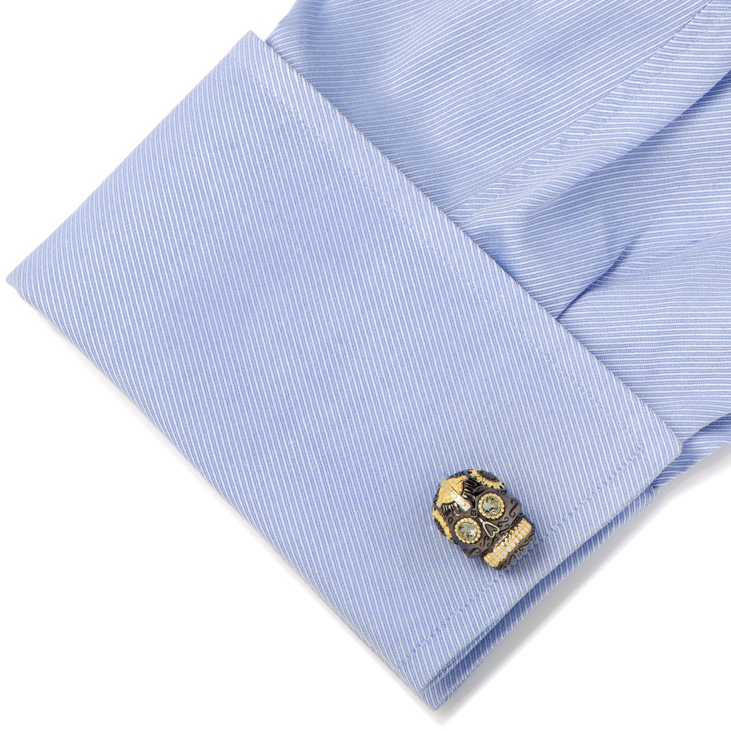 Black and Gold Vermeil Day of the Dead Skull Cufflinks by Cufflinks.com feature jeweled eyes, silver teeth, and bold gold accents—perfect for adding standout style to any outfit.