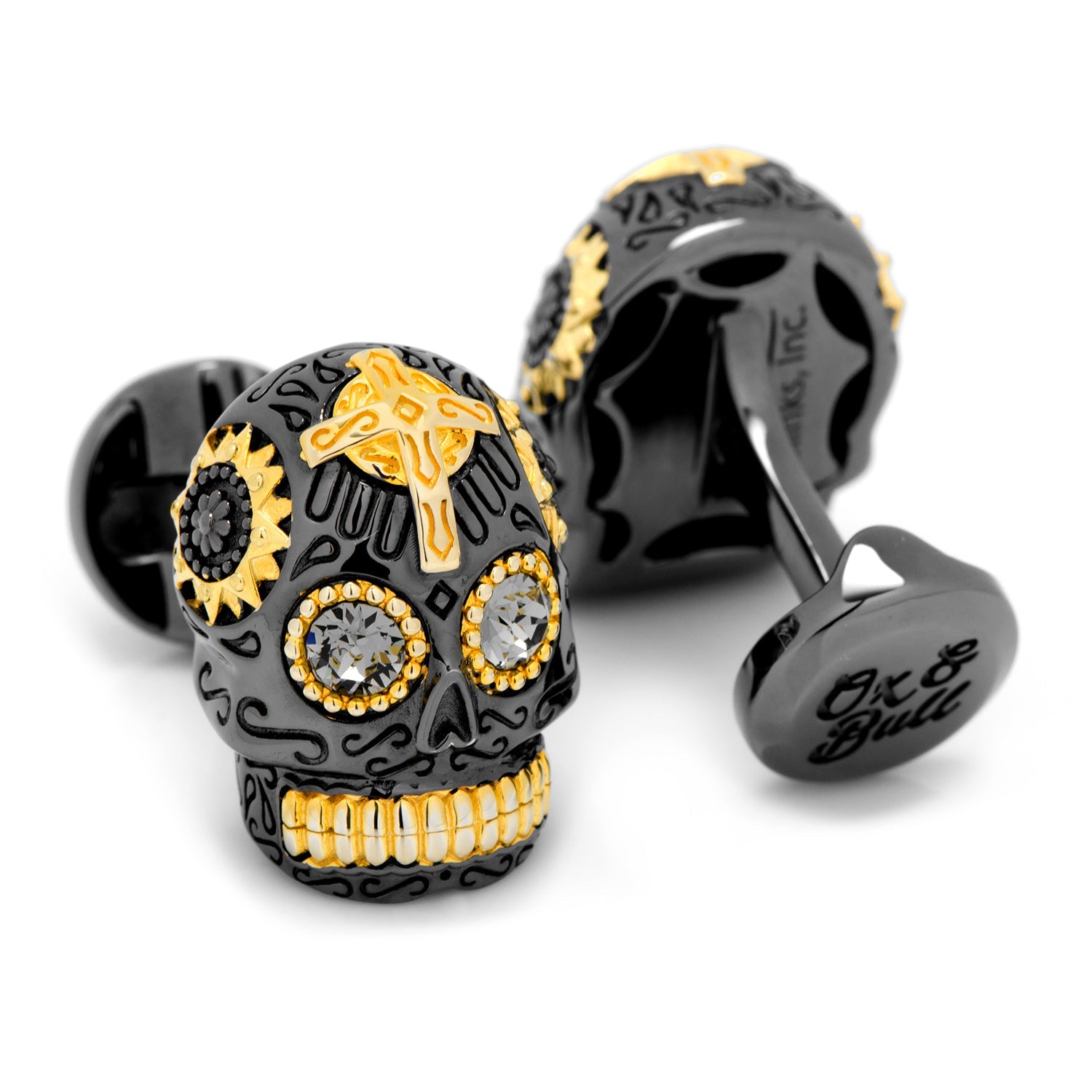 Black and Gold Vermeil Day of the Dead Skull Cufflinks by Cufflinks.com feature jeweled eyes, silver teeth, and bold gold accents—perfect for adding standout style to any outfit.