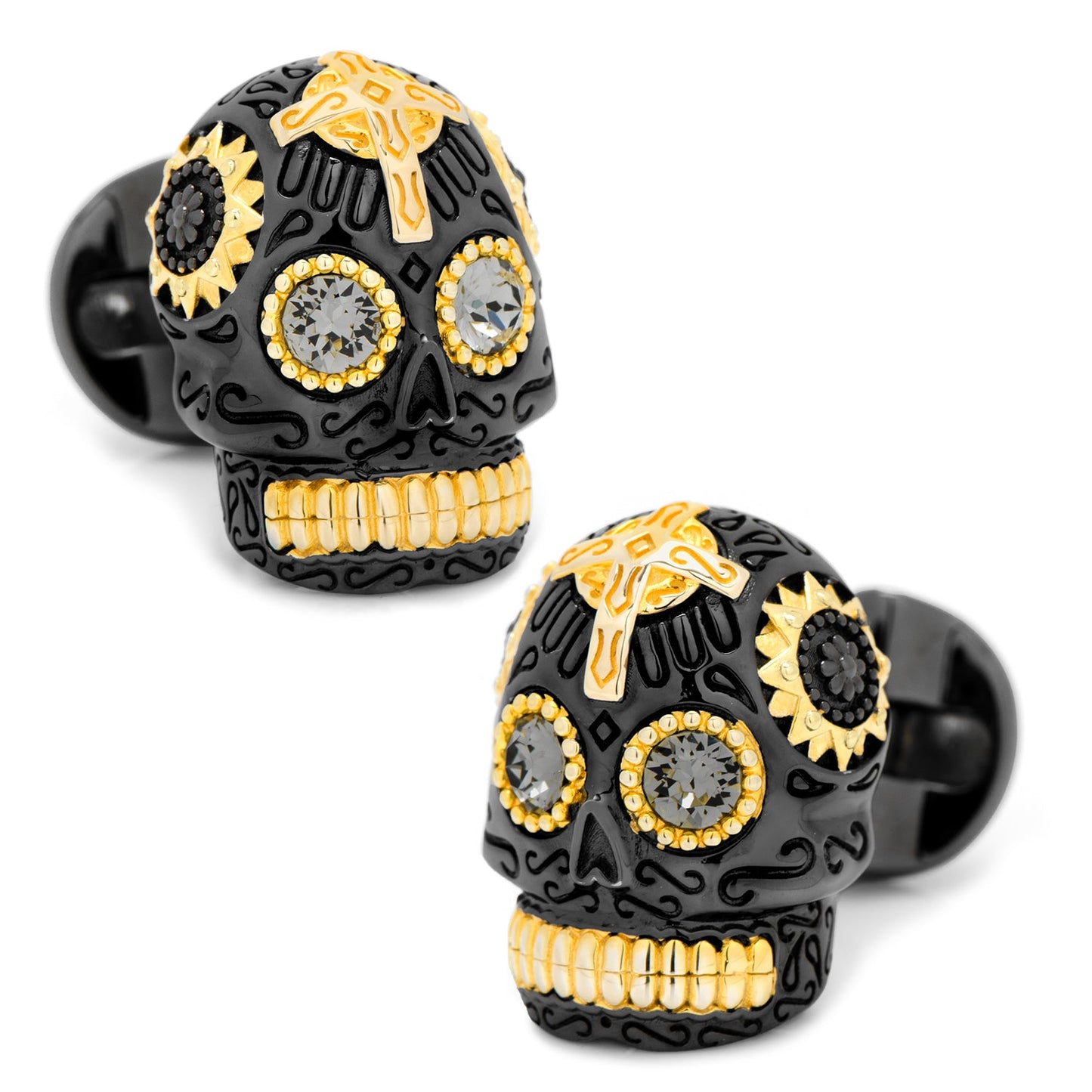 Black and Gold Vermeil Day of the Dead Skull Cufflinks by Cufflinks.com feature jeweled eyes, silver teeth, and bold gold accents—perfect for adding standout style to any outfit.