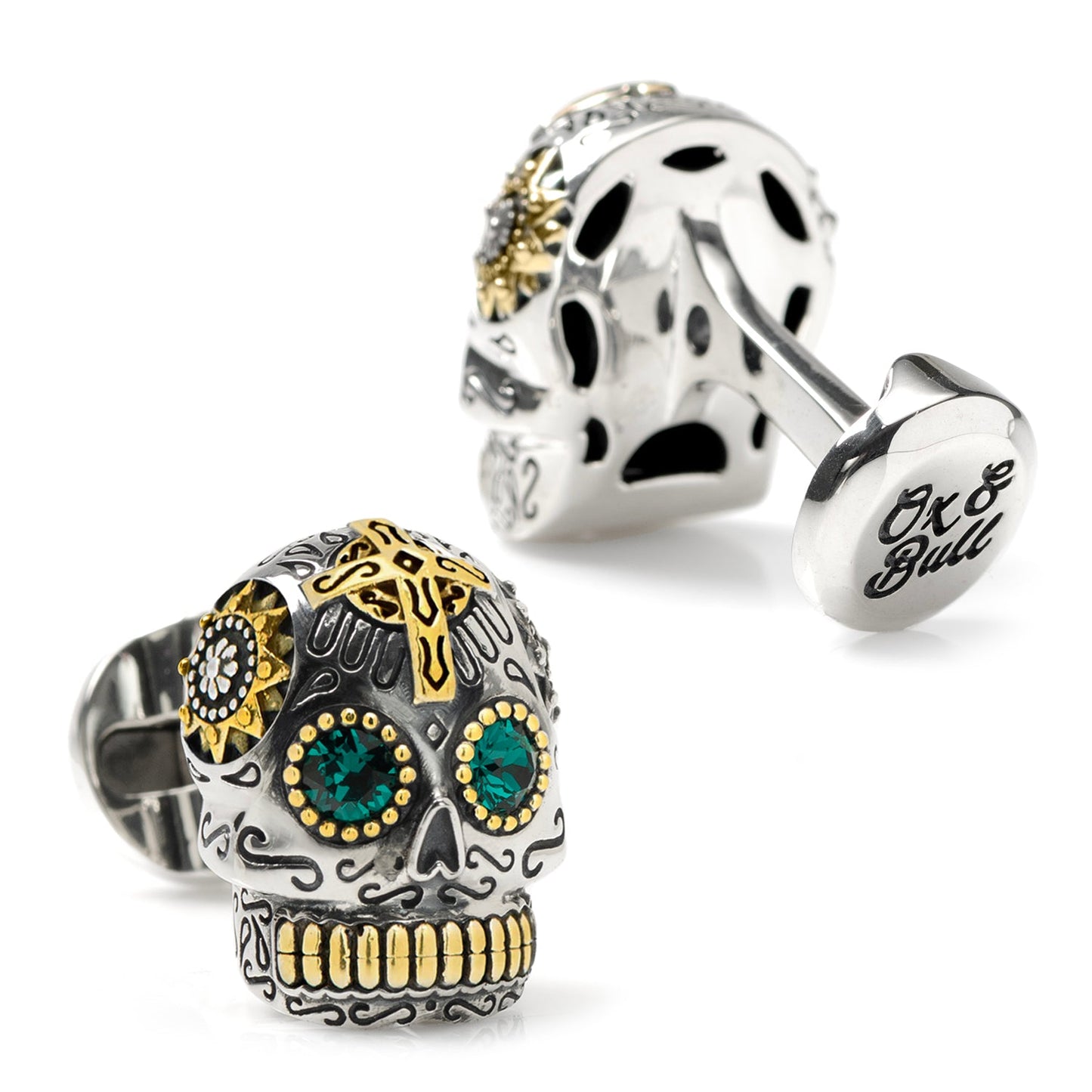 Cufflinks.com Sterling Silver and Gold Day of the Dead Skull Cufflinks feature engraved turquoise and gold detailing, intricate designs, and a "S925" mark on the bar.