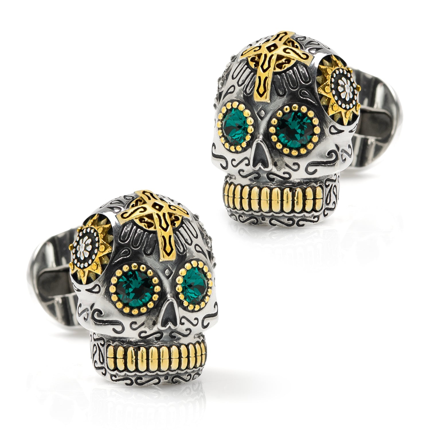 Cufflinks.com Sterling Silver and Gold Day of the Dead Skull Cufflinks feature engraved turquoise and gold detailing, intricate designs, and a "S925" mark on the bar.