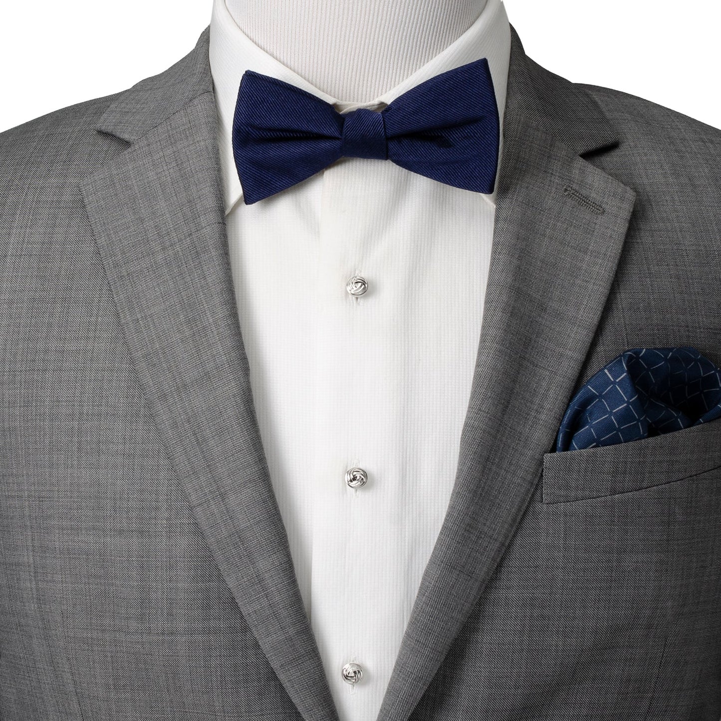 Five Modern Knot Sterling Silver 5-Studs by Cufflinks.com, each featuring a circular, swirled knot design, are arranged in an inverted V shape on a white background.