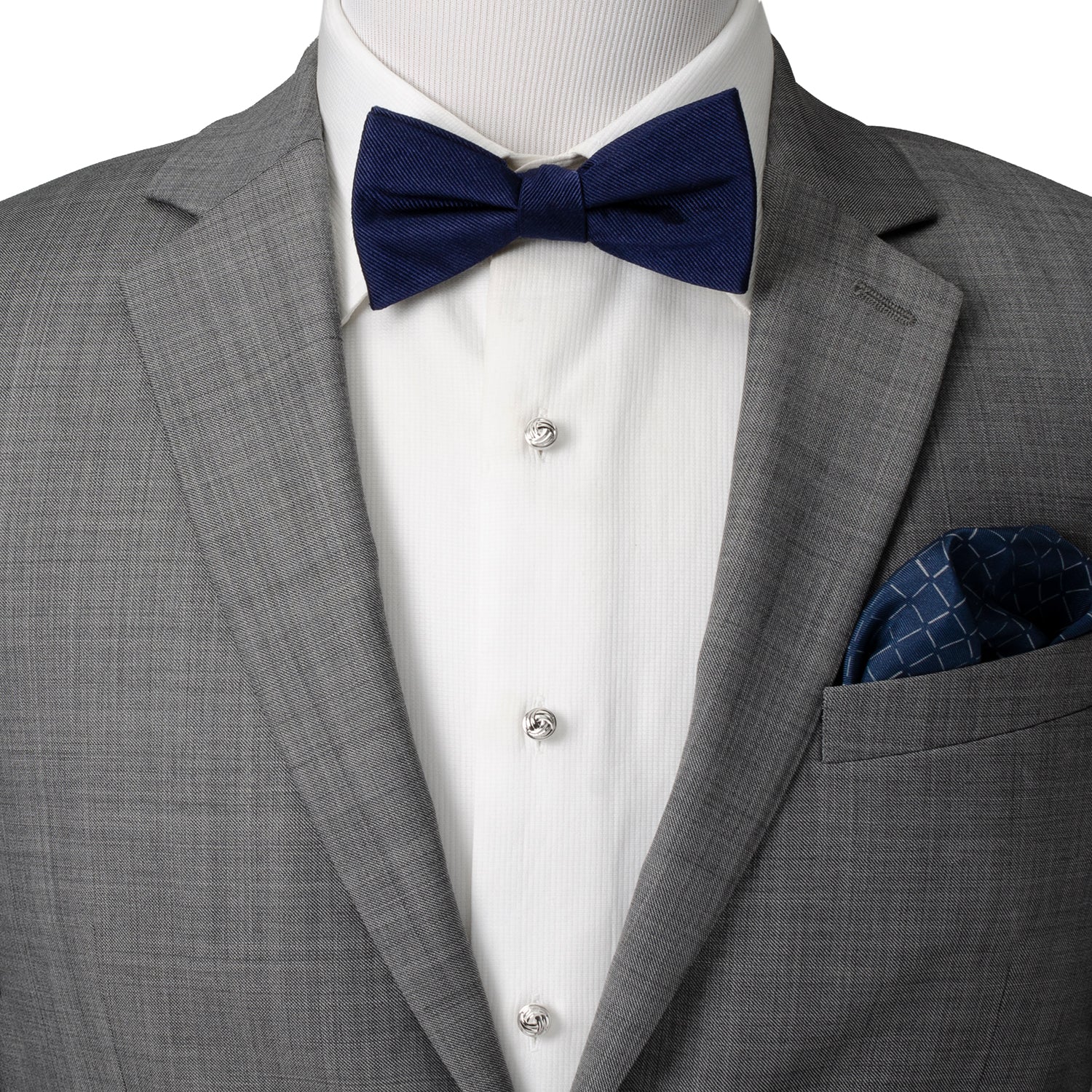 Five Modern Knot Sterling Silver 5-Studs by Cufflinks.com, each featuring a circular, swirled knot design, are arranged in an inverted V shape on a white background.