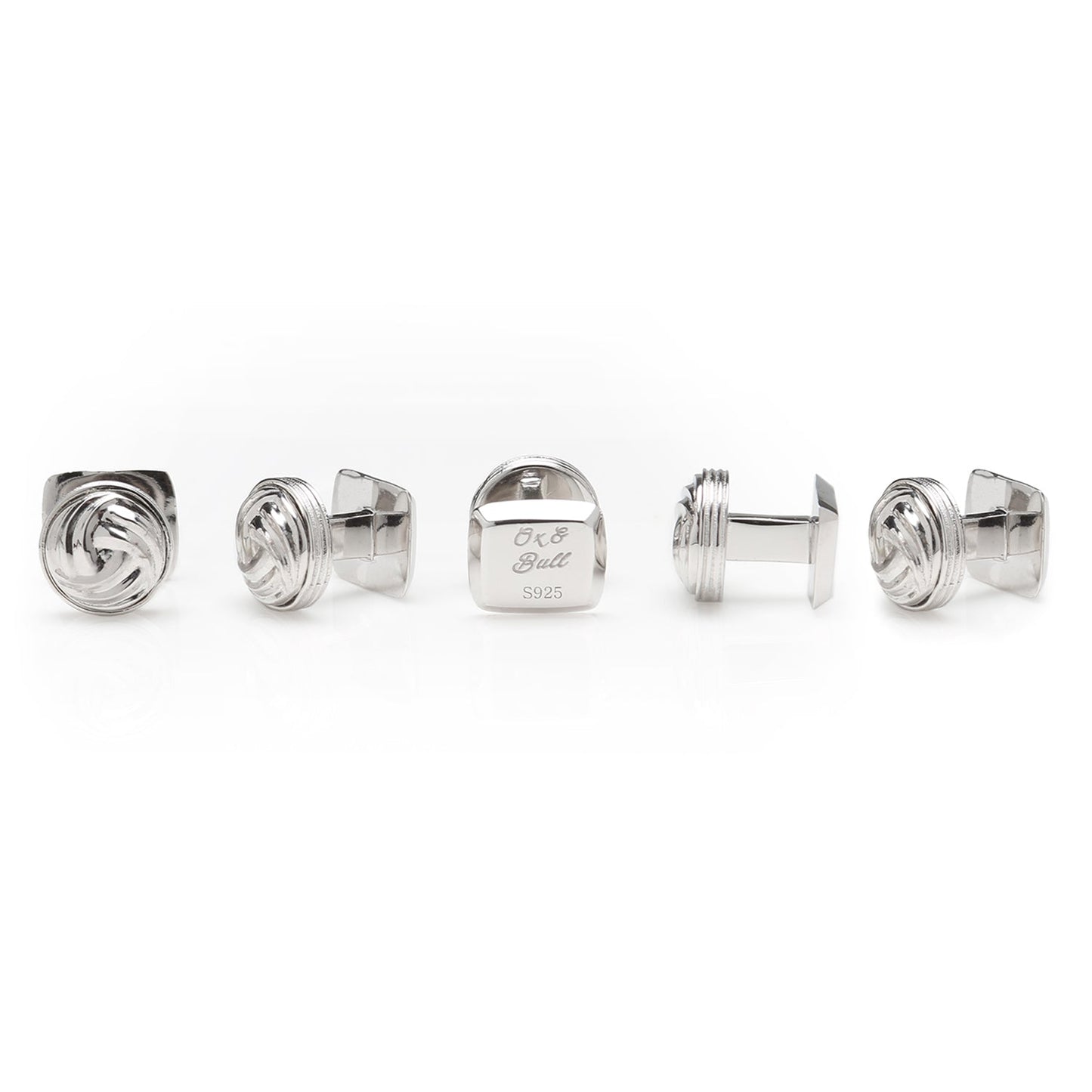 Five Modern Knot Sterling Silver 5-Studs by Cufflinks.com, each featuring a circular, swirled knot design, are arranged in an inverted V shape on a white background.