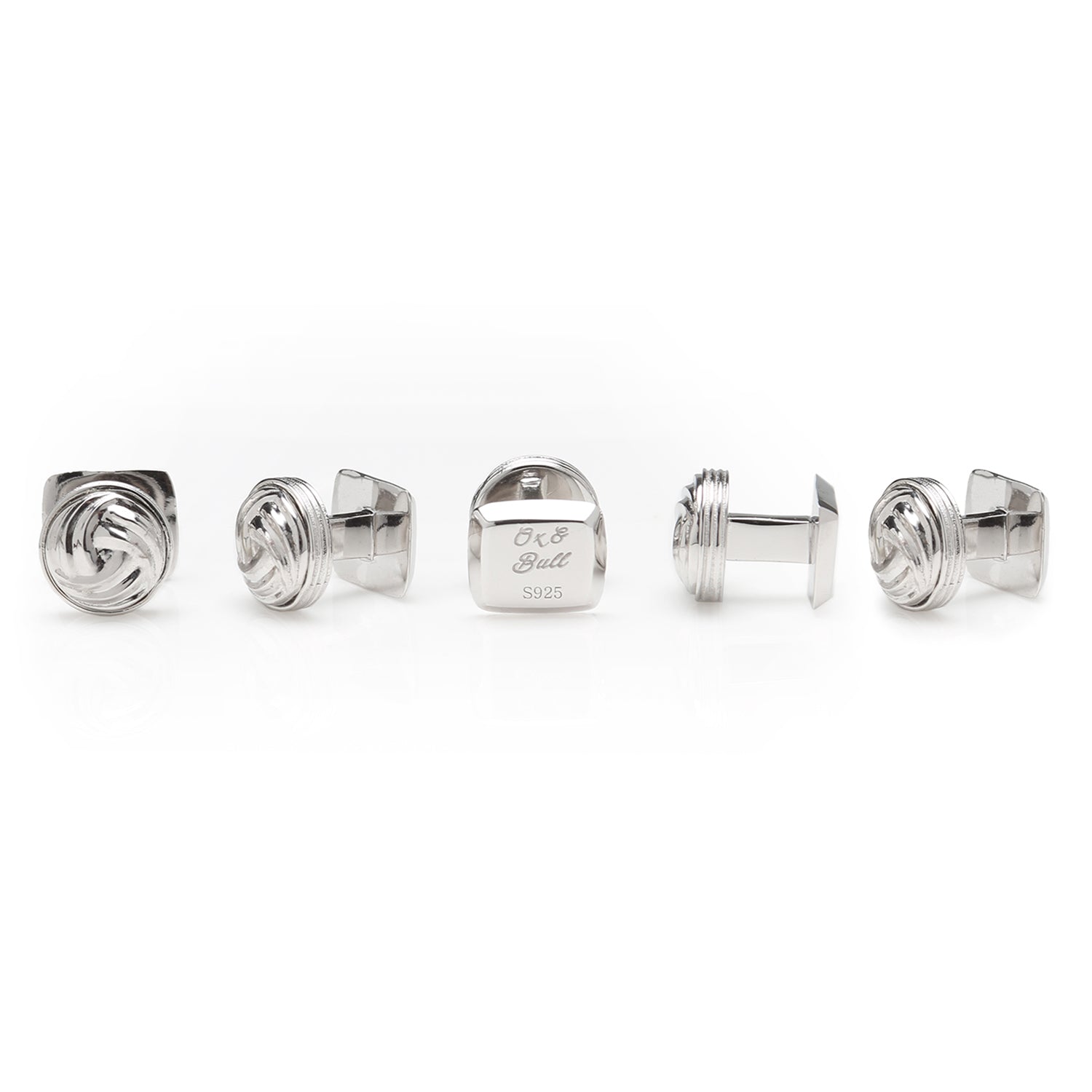Five Modern Knot Sterling Silver 5-Studs by Cufflinks.com, each featuring a circular, swirled knot design, are arranged in an inverted V shape on a white background.
