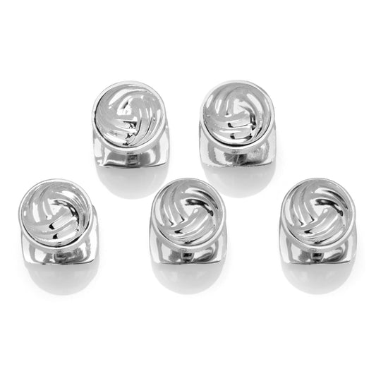 Five Modern Knot Sterling Silver 5-Studs by Cufflinks.com, each featuring a circular, swirled knot design, are arranged in an inverted V shape on a white background.
