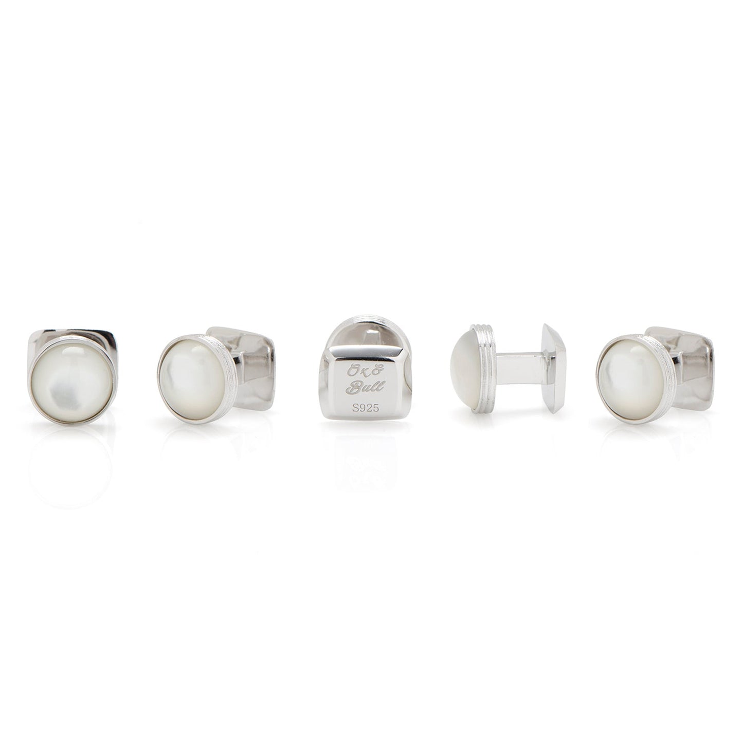 Five Sterling Silver Ribbed Mother of Pearl 5-Studs from Cufflinks.com are showcased upright in two rows against a white background, highlighting the timeless elegance of refined men's accessories.