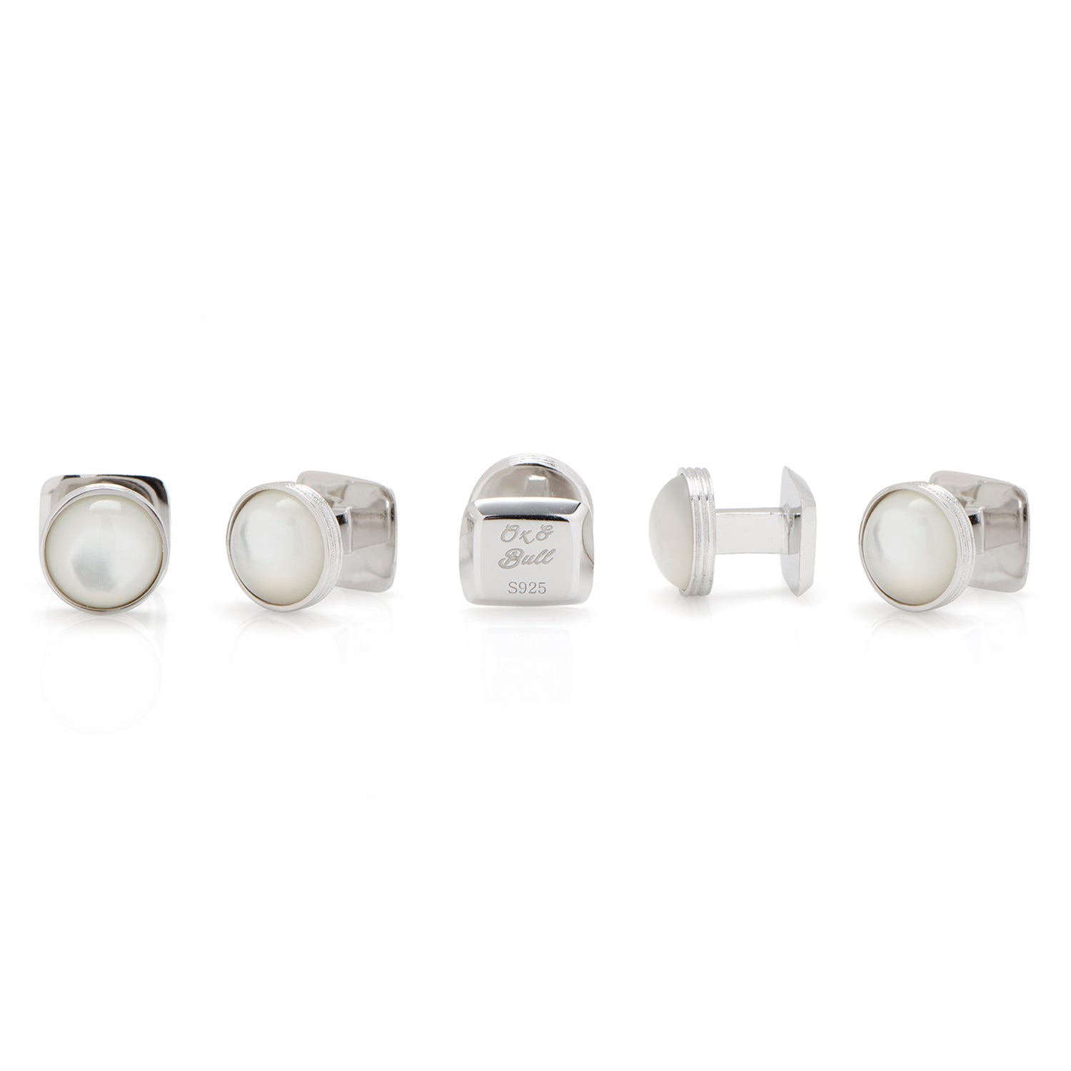 Five Sterling Silver Ribbed Mother of Pearl 5-Studs from Cufflinks.com are showcased upright in two rows against a white background, highlighting the timeless elegance of refined men's accessories.