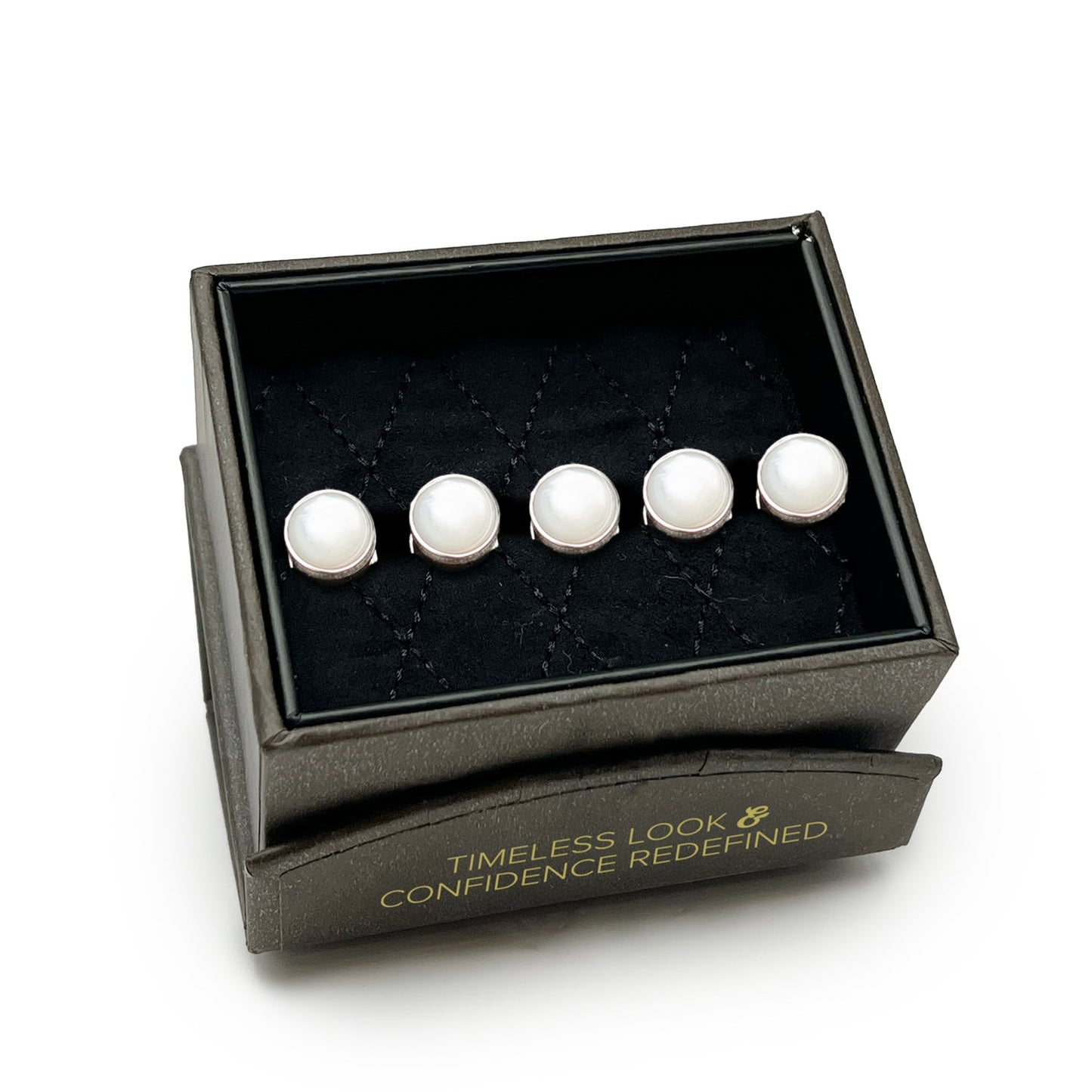 Five Sterling Silver Ribbed Mother of Pearl 5-Studs from Cufflinks.com are showcased upright in two rows against a white background, highlighting the timeless elegance of refined men's accessories.