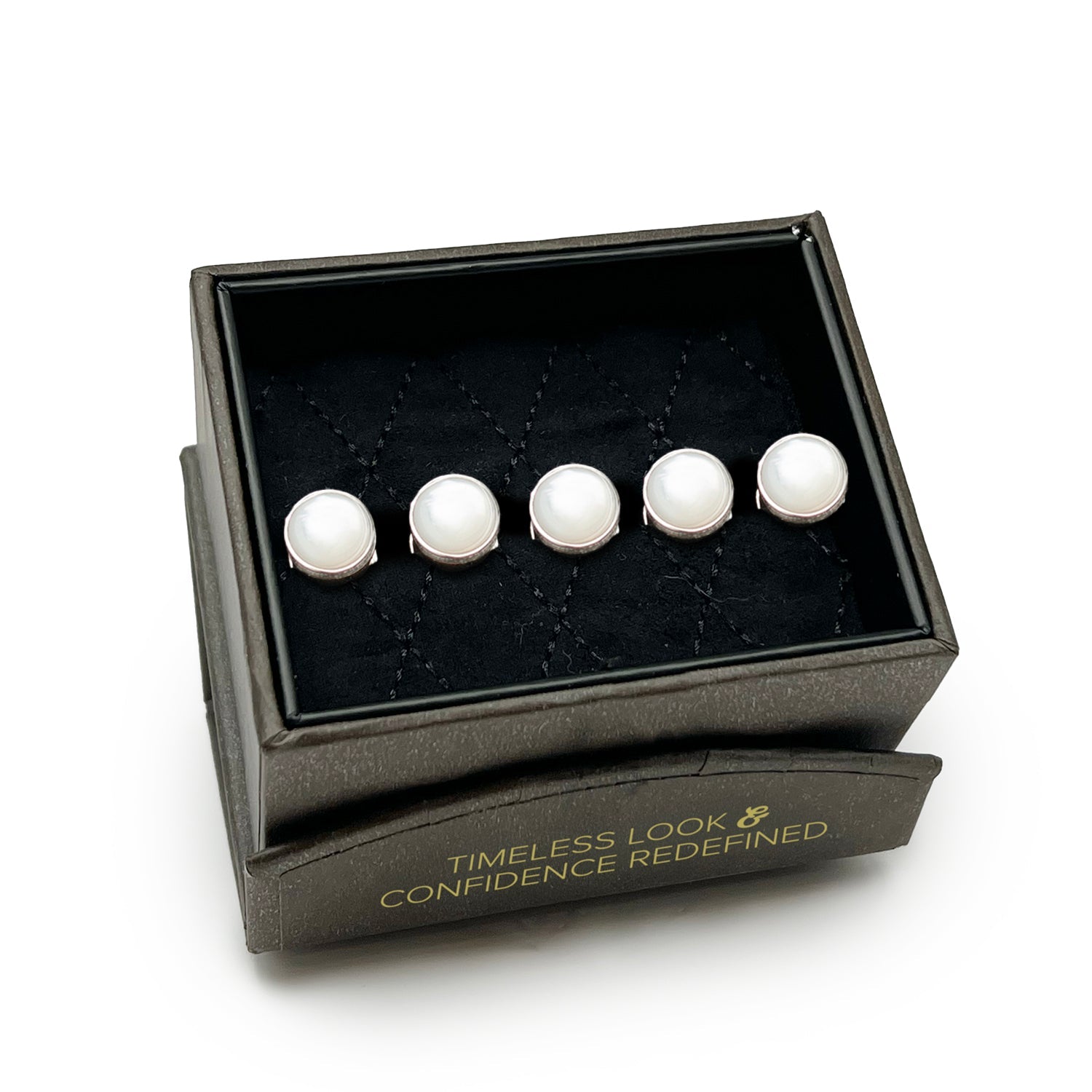 Five Sterling Silver Ribbed Mother of Pearl 5-Studs from Cufflinks.com are showcased upright in two rows against a white background, highlighting the timeless elegance of refined men's accessories.