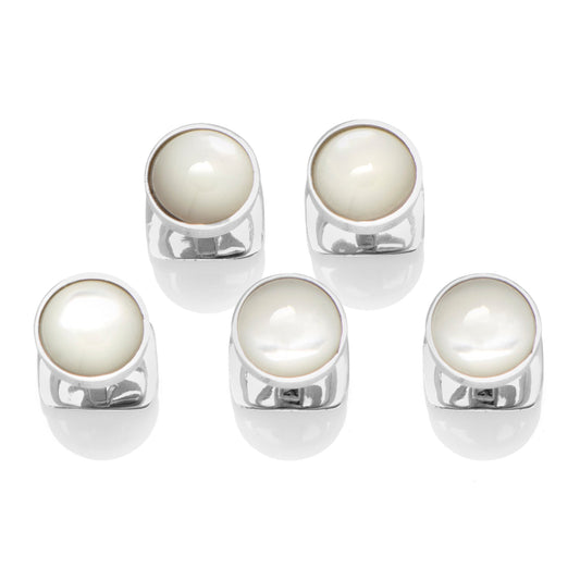 Five Sterling Silver Ribbed Mother of Pearl 5-Studs from Cufflinks.com are showcased upright in two rows against a white background, highlighting the timeless elegance of refined men's accessories.