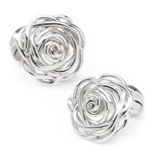The Sterling Silver Rhodium Plated Rose Cufflinks by Cufflinks.com feature intricate openwork rose designs on a white background.