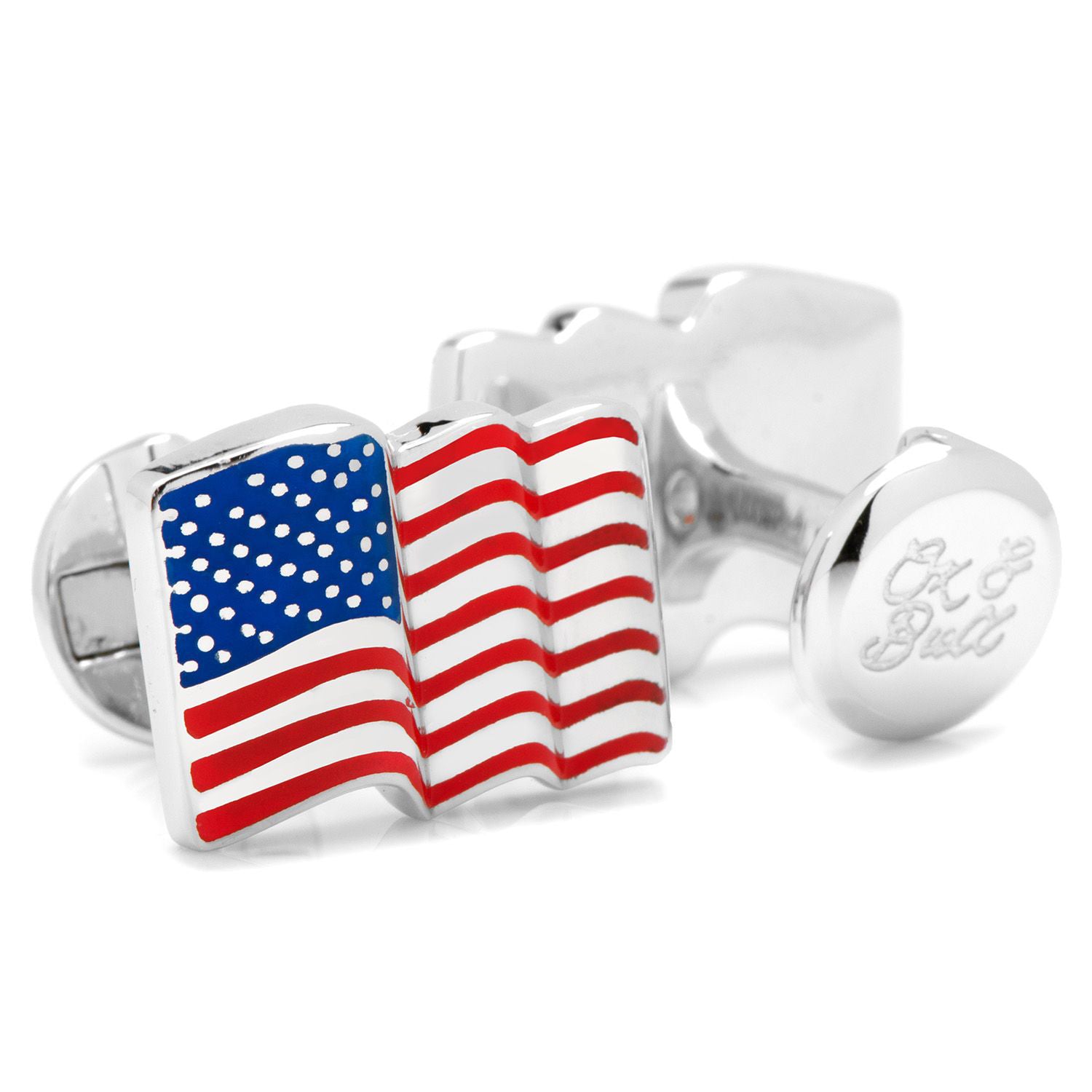 The Sterling Silver Waving American Flag Cufflinks by Cufflinks.com feature red and white stripes with a blue field and white dots—making them the perfect patriotic gift for any occasion.