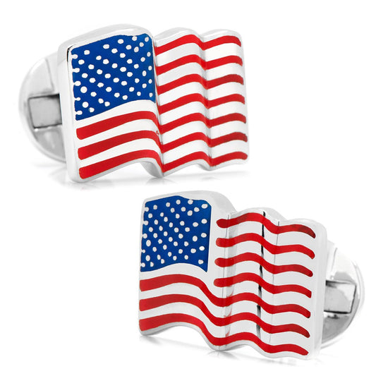 The Sterling Silver Waving American Flag Cufflinks by Cufflinks.com feature red and white stripes with a blue field and white dots—making them the perfect patriotic gift for any occasion.