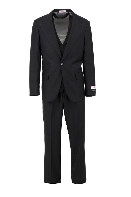The Tiglio Rosso Orvietto Solid Black TIG1001 is a stunning three-piece suit featuring a sleek jacket, tailored vest, and elegant semi-wide leg trousers set against a plain white background.