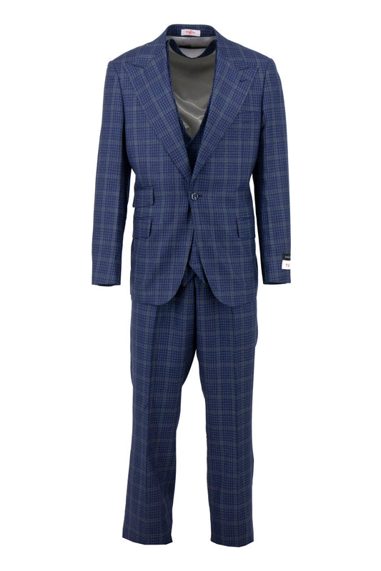 Tiglio Rosso Orvietto Navy Green Windowpane Semi Wide Leg TL3329 two-piece suit with single-breasted jacket and matching trousers by Tiglio Rosso, displayed on a plain white background.