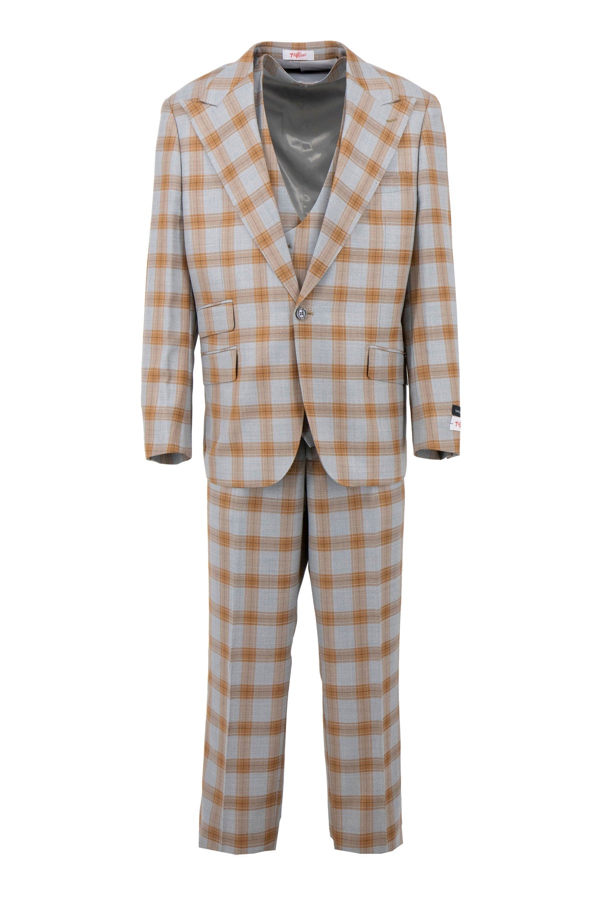 The Tiglio Rosso Orvietto Gray/Ginger Windowpane Semi Wide Leg men's suit, crafted from 100% wool, is displayed against a white background. It features a notch lapel and two buttons, epitomizing timeless elegance.