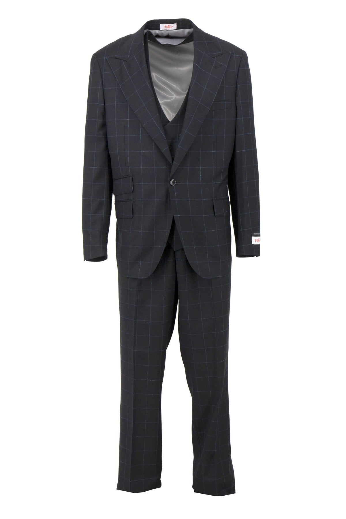 The Tiglio Rosso Orvietto Black with Blue Windowpane Semi Wide Leg TL5103 suit, a black checked three-piece made of 100% wool, includes a jacket, vest, and trousers displayed elegantly on a hanger against a plain backdrop, showcasing the sophistication of Tiglio Rosso.