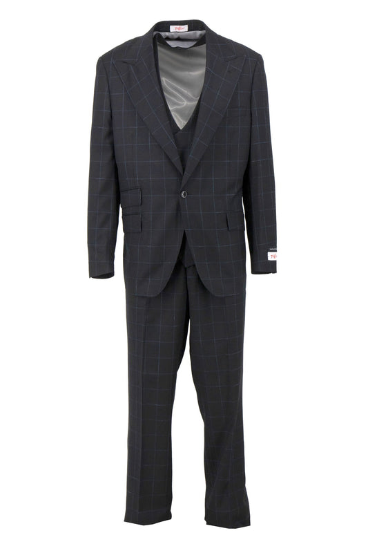 The Tiglio Rosso Orvietto Black with Blue Windowpane Semi Wide Leg TL5103 suit, a black checked three-piece made of 100% wool, includes a jacket, vest, and trousers displayed elegantly on a hanger against a plain backdrop, showcasing the sophistication of Tiglio Rosso.