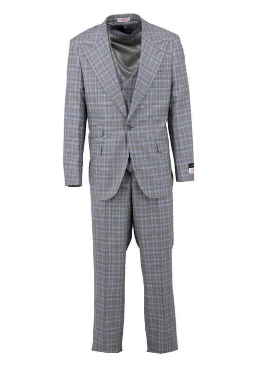 The Tiglio Rosso Orvietto Grey/Lt Blue Plaid TL5169 suit boasts a stylish two-button jacket with matching semi wide-leg trousers, made from 100% wool for timeless elegance.