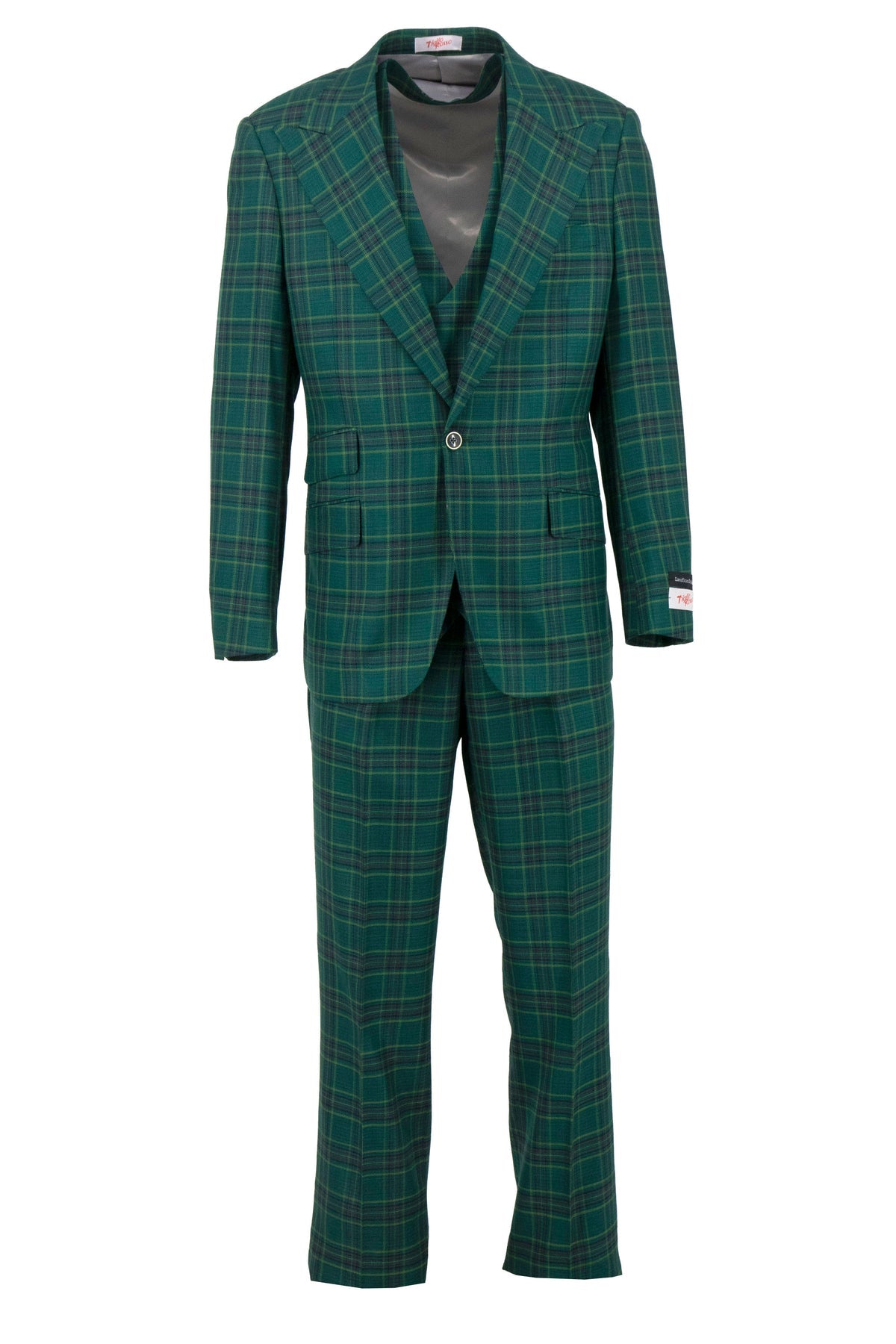 The Tiglio Rosso Orvietto suit, crafted from 100% wool in a green windowpane pattern, features a single-breasted jacket with a notch lapel and single button closure, alongside semi-wide leg trousers—an elegant addition to any wardrobe.