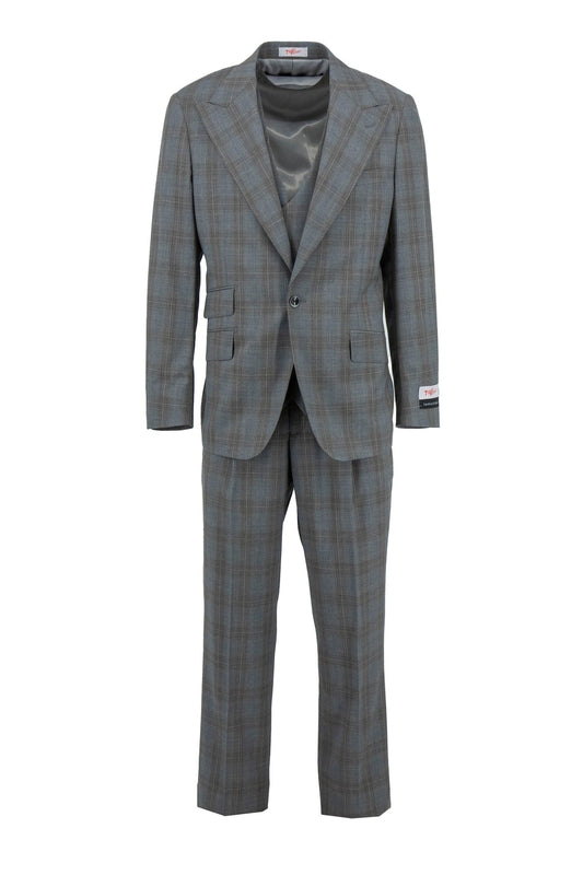 The Tiglio Rosso Orvietto Semi Wide Leg Grey/Brown Windowpane 141.20/1 suit by Tiglio Rosso features a single-breasted, one-button, notch lapel jacket and matching trousers in 100% wool, shown on a white background.