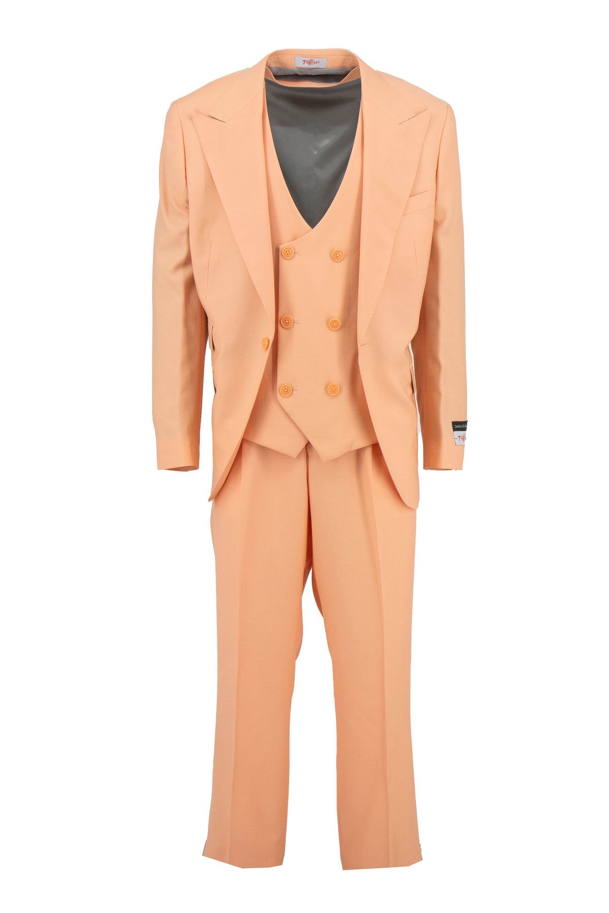 The Tiglio Rosso Orvietto Semi Wide Leg Solid Cantaloupe TL4013 is a three piece 100% wool suit with a single-breasted blazer, matching vest, and trousers from Tiglio Rosso, shown on a white background.