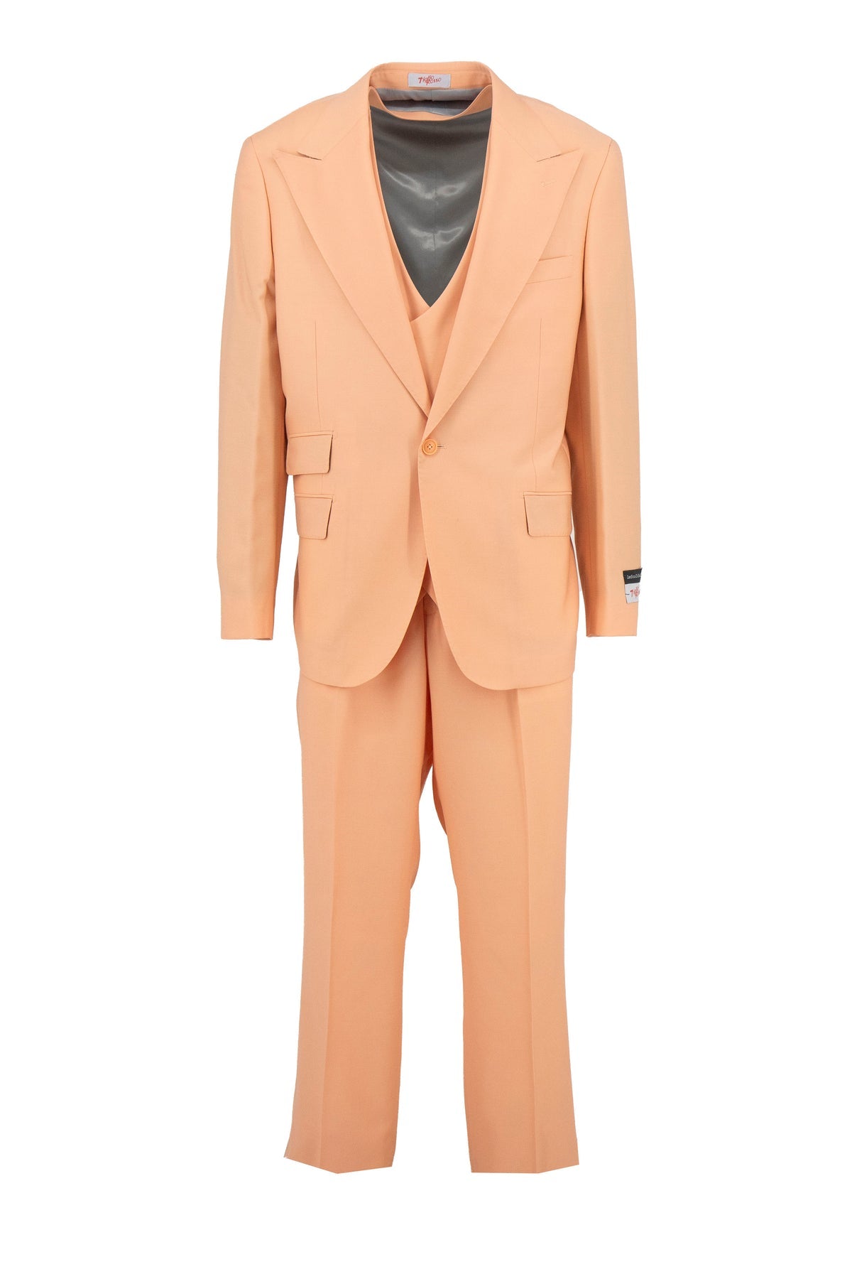 The Tiglio Rosso Orvietto Semi Wide Leg Solid Cantaloupe TL4013 is a three piece 100% wool suit with a single-breasted blazer, matching vest, and trousers from Tiglio Rosso, shown on a white background.