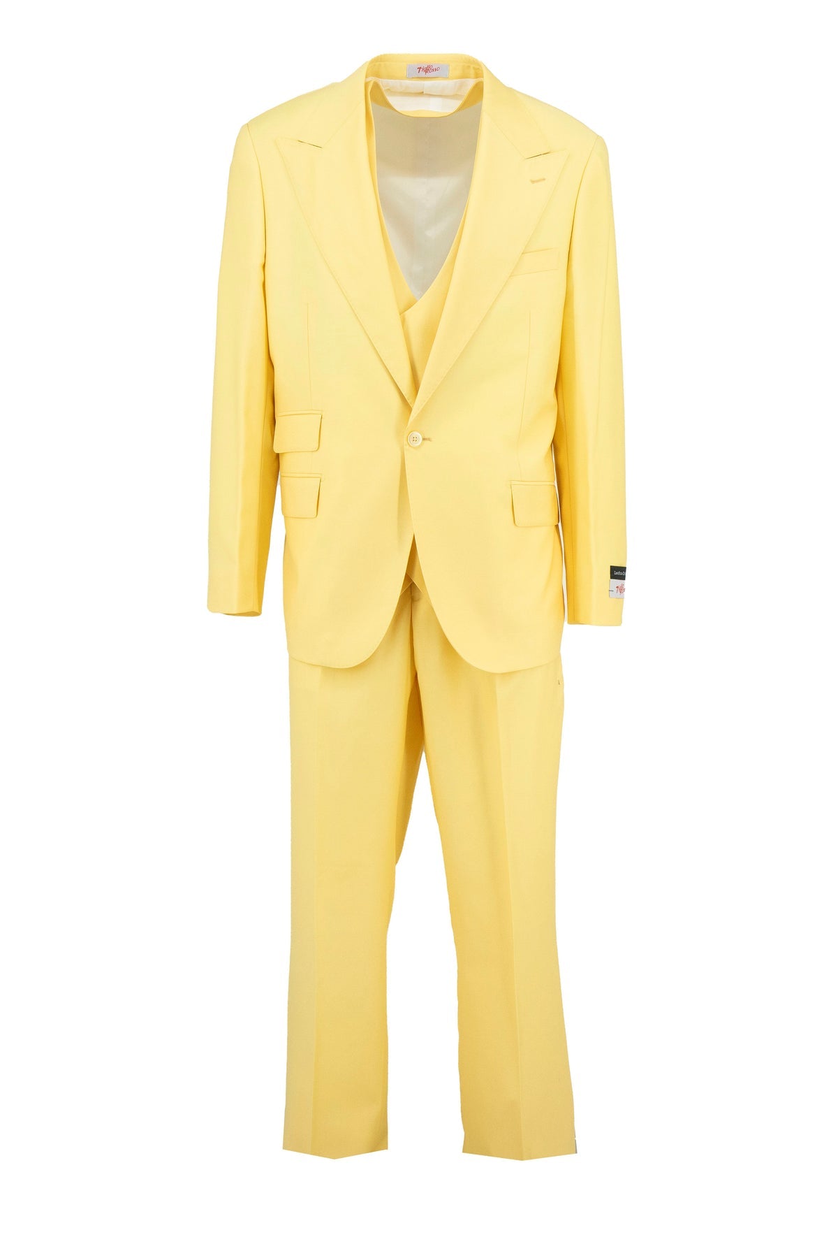 The Tiglio Rosso Orvietto Semi Wide Leg Solid Butter Yellow TL4014 is a 100% wool three-piece suit with matching jacket, vest, and trousers by Tiglio Rosso, shown on a white background.