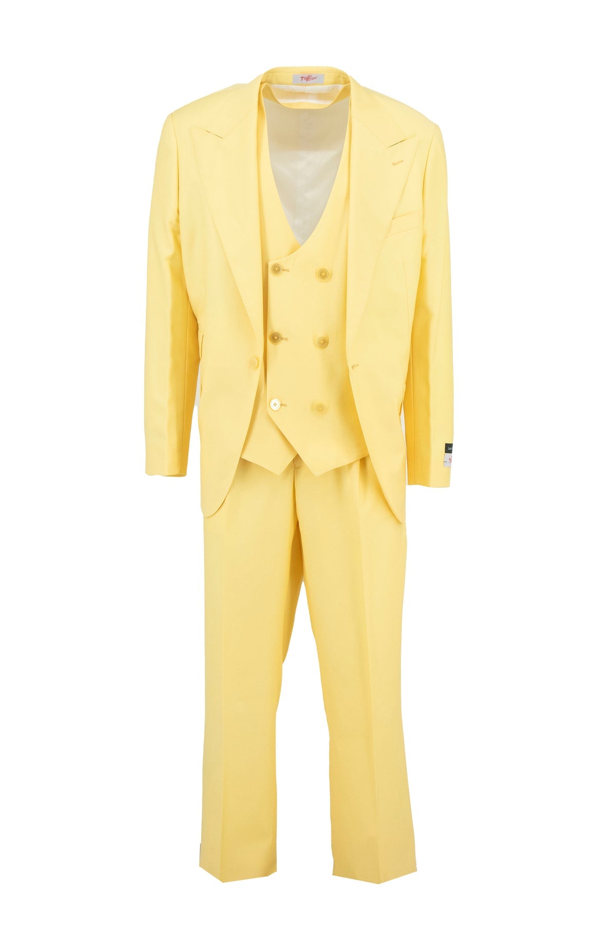 The Tiglio Rosso Orvietto Semi Wide Leg Solid Butter Yellow TL4014 is a 100% wool three-piece suit with matching jacket, vest, and trousers by Tiglio Rosso, shown on a white background.
