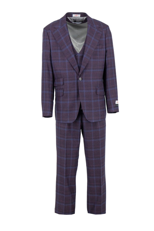 The Tiglio Rosso Orvietto Semi Wide Leg Purple/Blue Plaid TL7519, a 100% wool two-piece suit with single-breasted jacket and matching trousers from Tiglio Rosso, is shown on a white background.